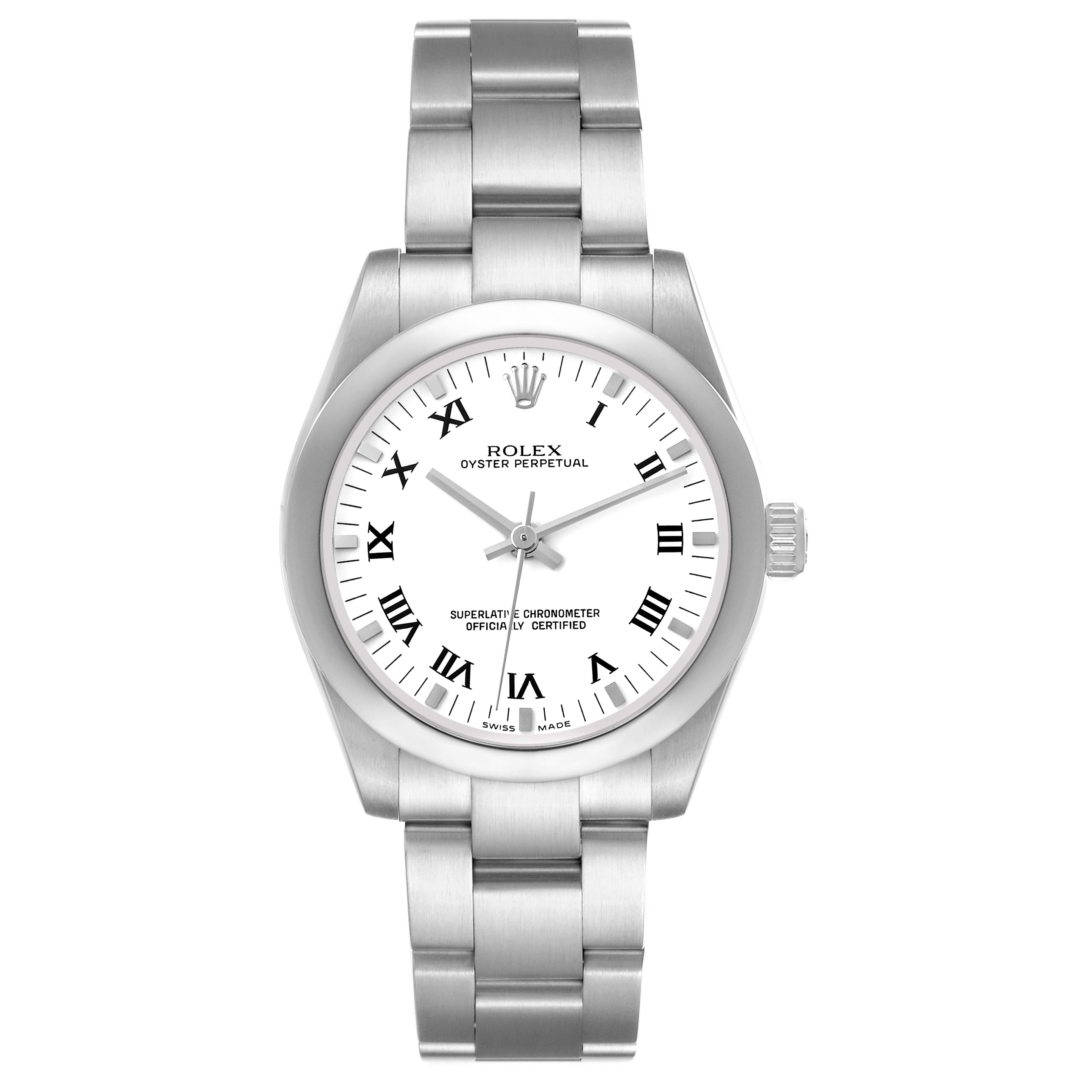 The Rolex Oyster Perpetual 177200 Women's Stainless Steel White Dial watch is shown from a top-down angle, displaying the face, bezel, and bracelet.