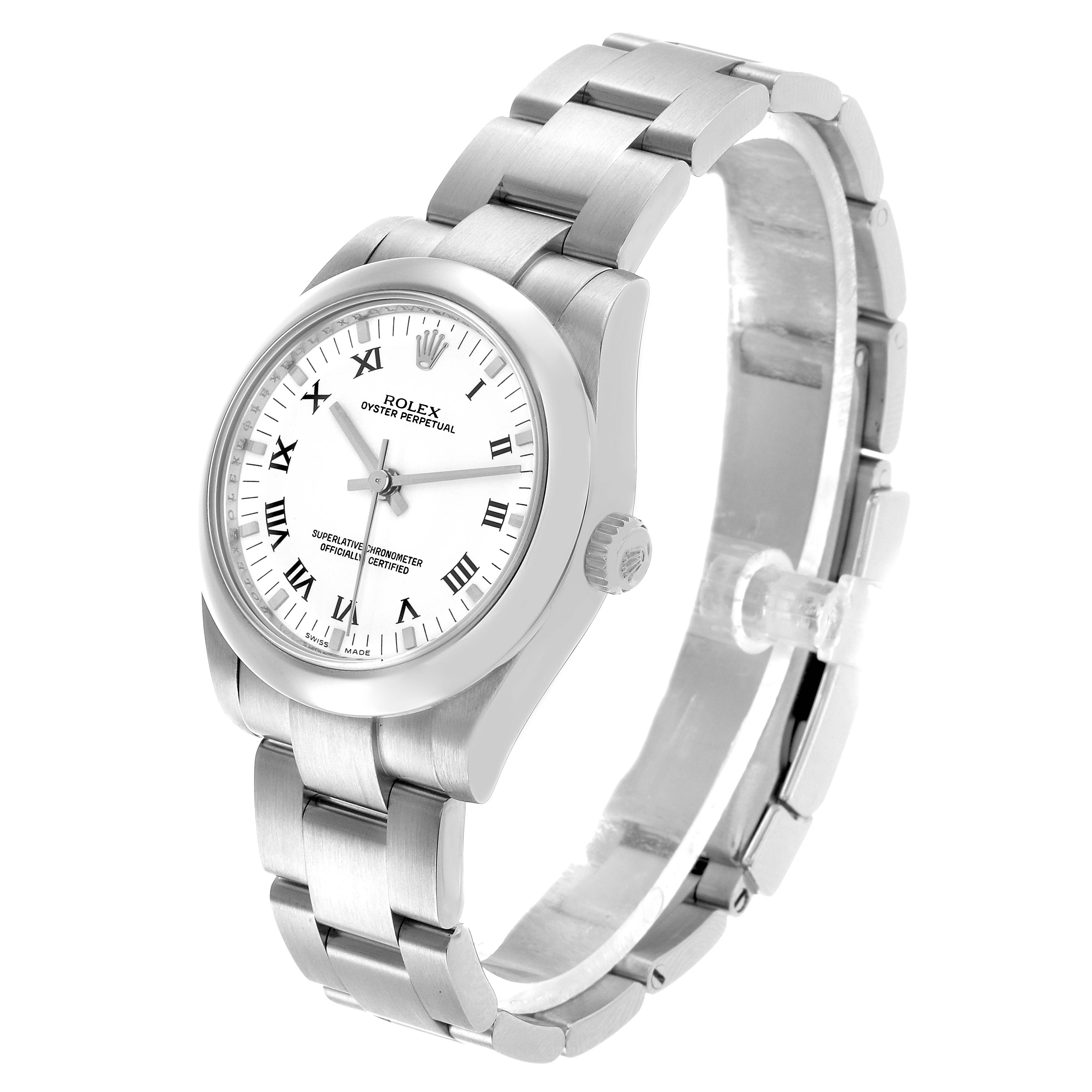 The Rolex Oyster Perpetual 177200 Women's Stainless Steel White Dial watch is shown at a three-quarter angle, highlighting the face, bezel, crown, and bracelet.
