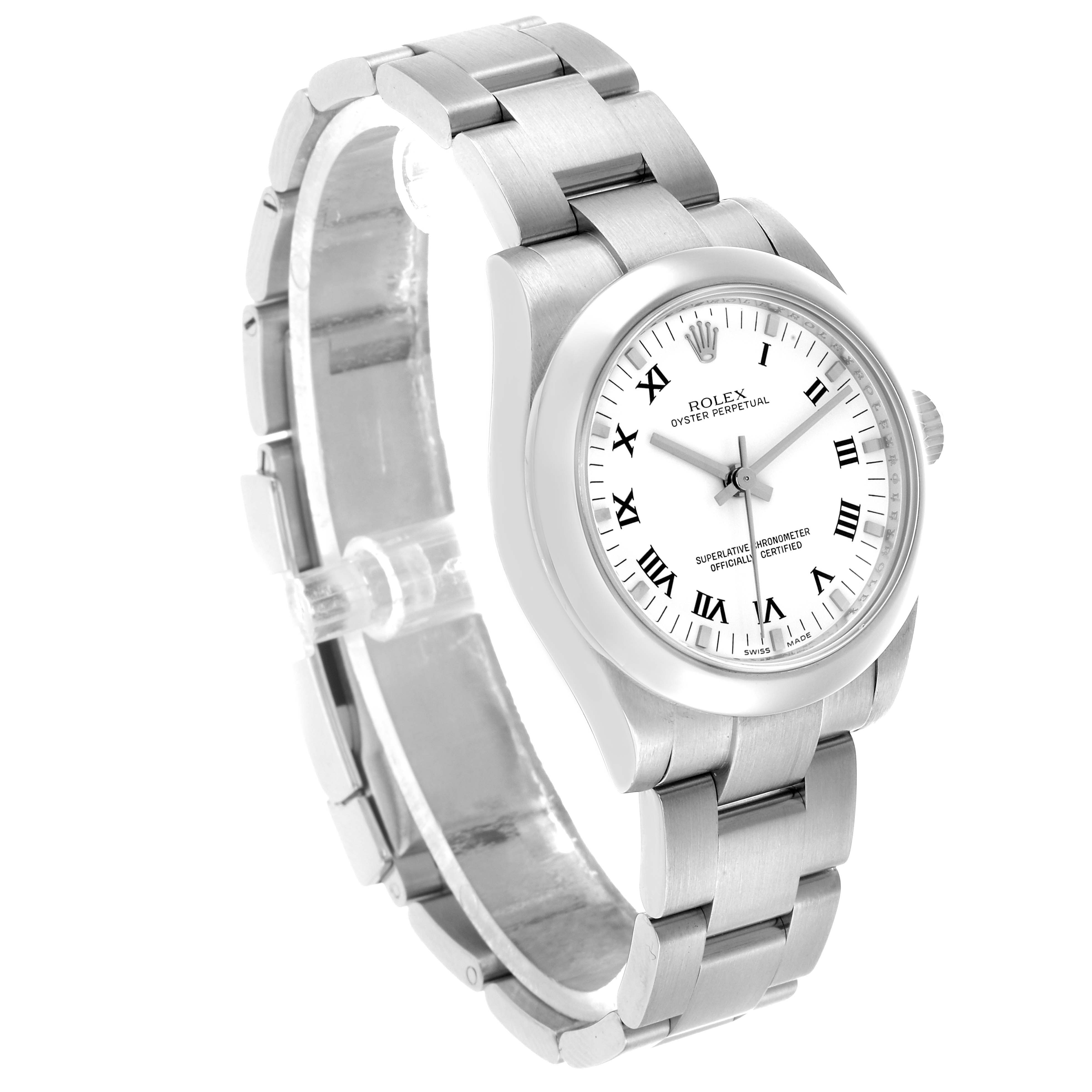 The Rolex Oyster Perpetual 177200 Women's Stainless Steel White Dial watch is shown at a three-quarter angle, highlighting the bracelet and watch face with Roman numeral indices.