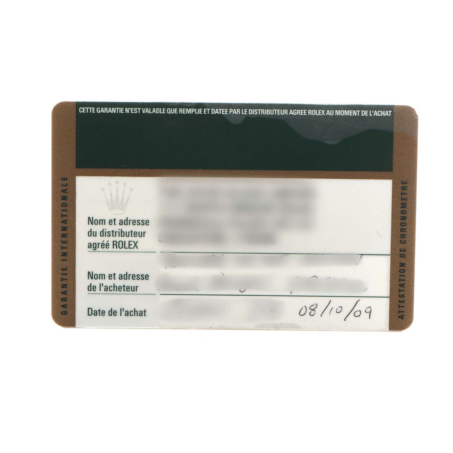 This image shows a Rolex warranty card for the Oyster Perpetual model, including purchase details and dealer information.