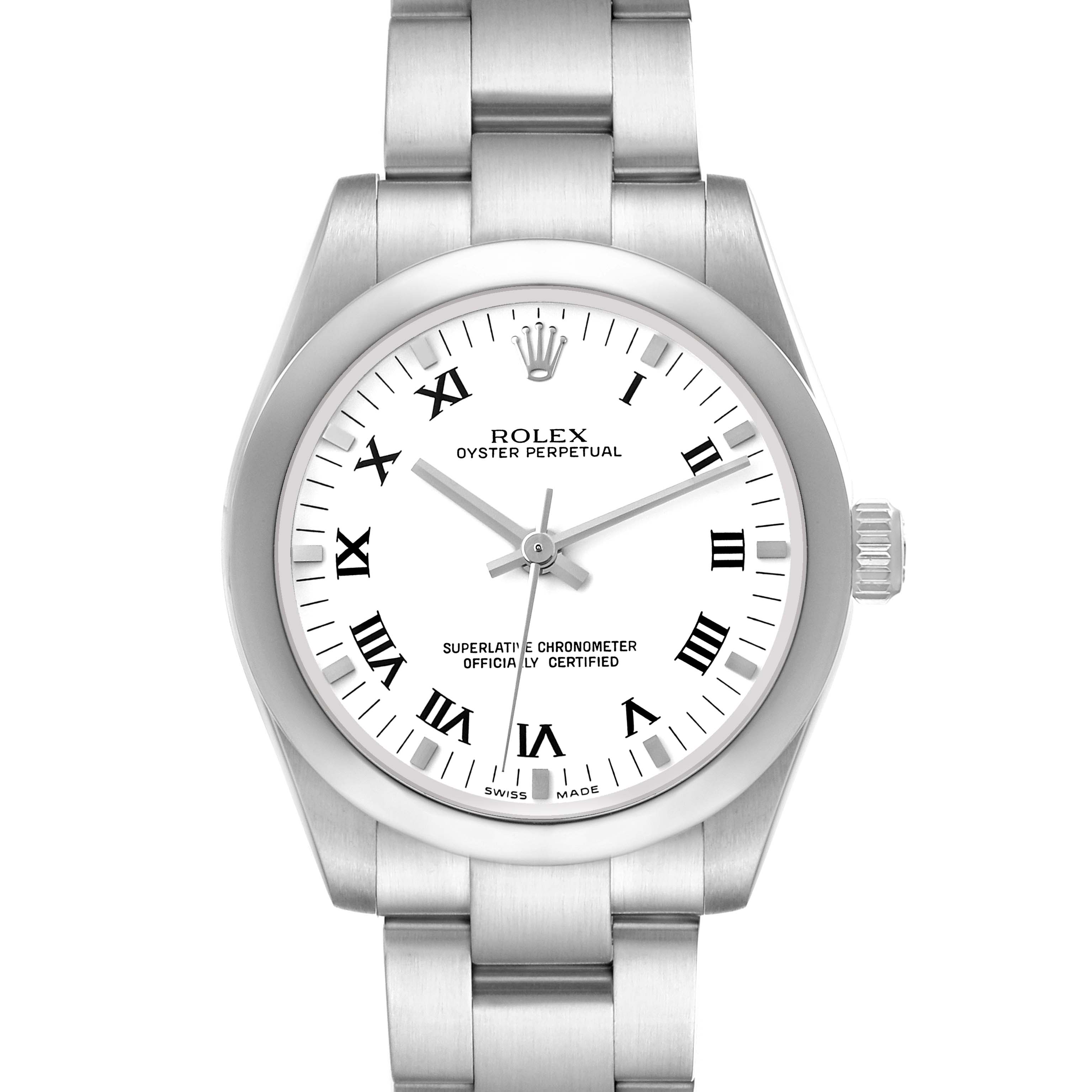The Rolex Oyster Perpetual 177200 Women's Stainless Steel White Dial watch is shown from the front, displaying the face, bezel, and part of the bracelet.