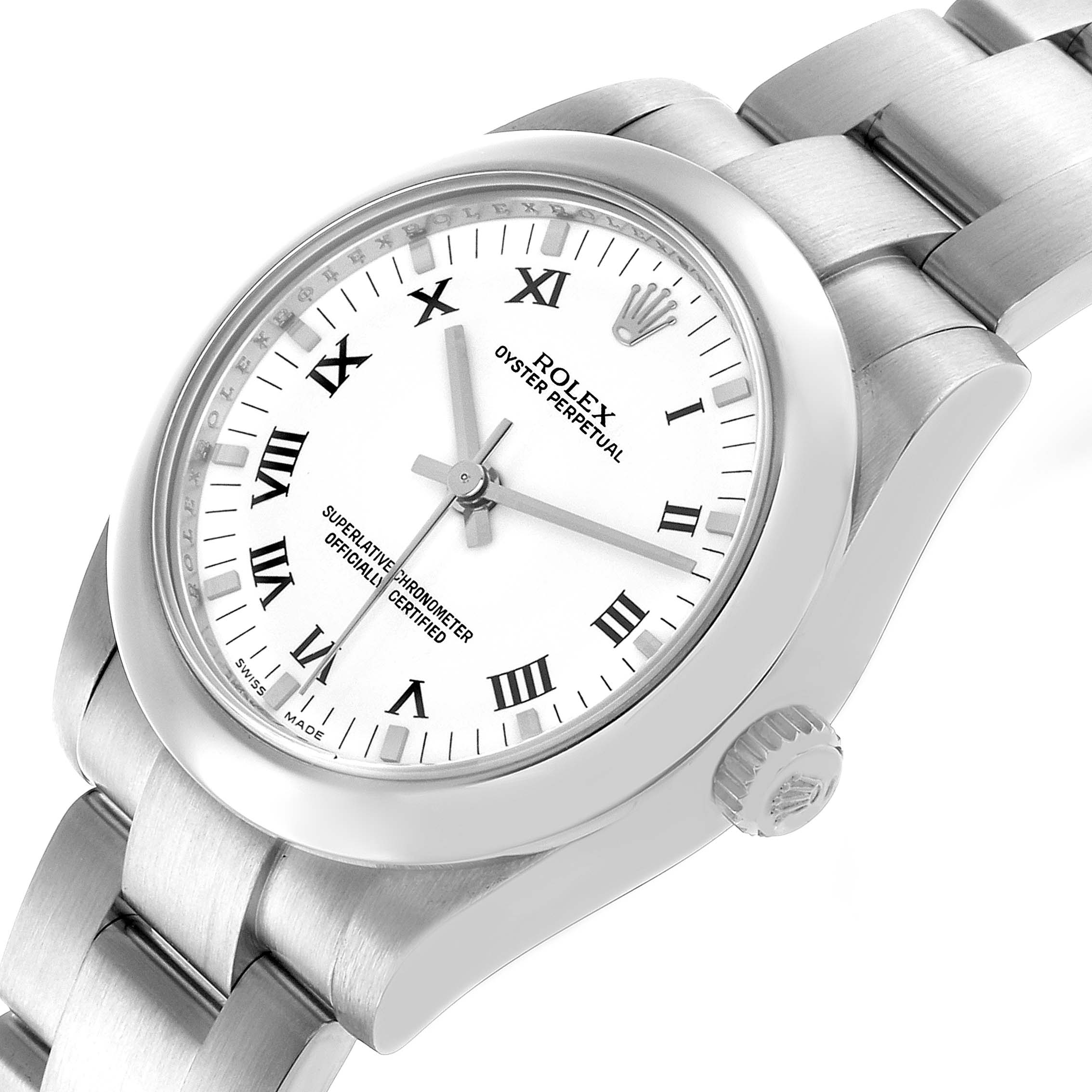 The Rolex Oyster Perpetual 177200 Women's Stainless Steel White Dial watch is shown at a slight angle, displaying the face, bezel, crown, and part of the bracelet.
