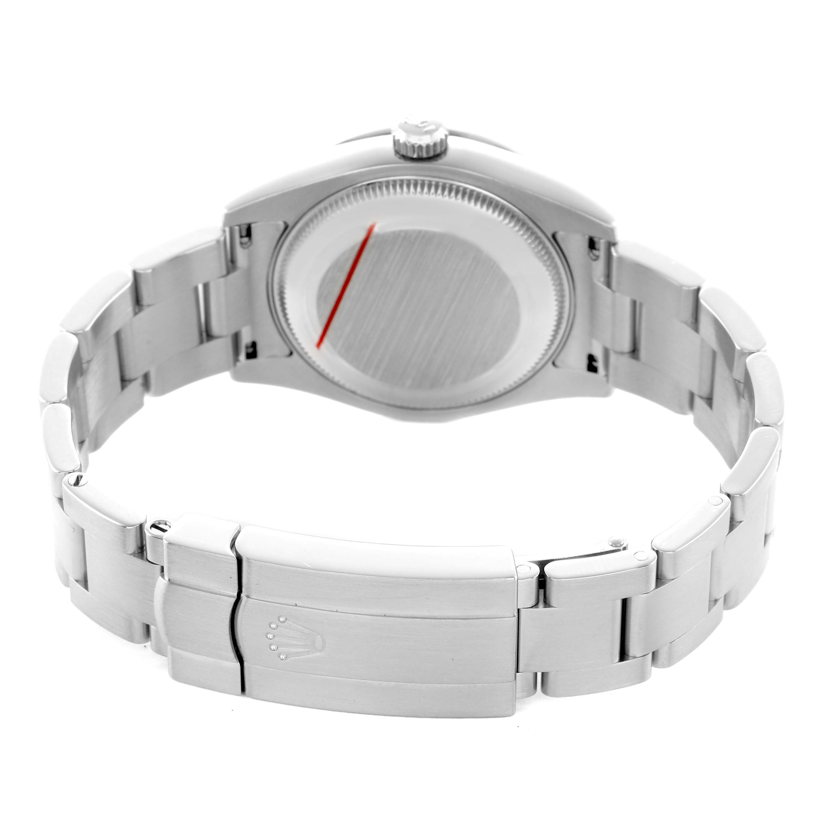 The image shows the back and bracelet clasp of a Rolex Oyster Perpetual 177200 Women's Stainless Steel White Dial watch from a rear angle.