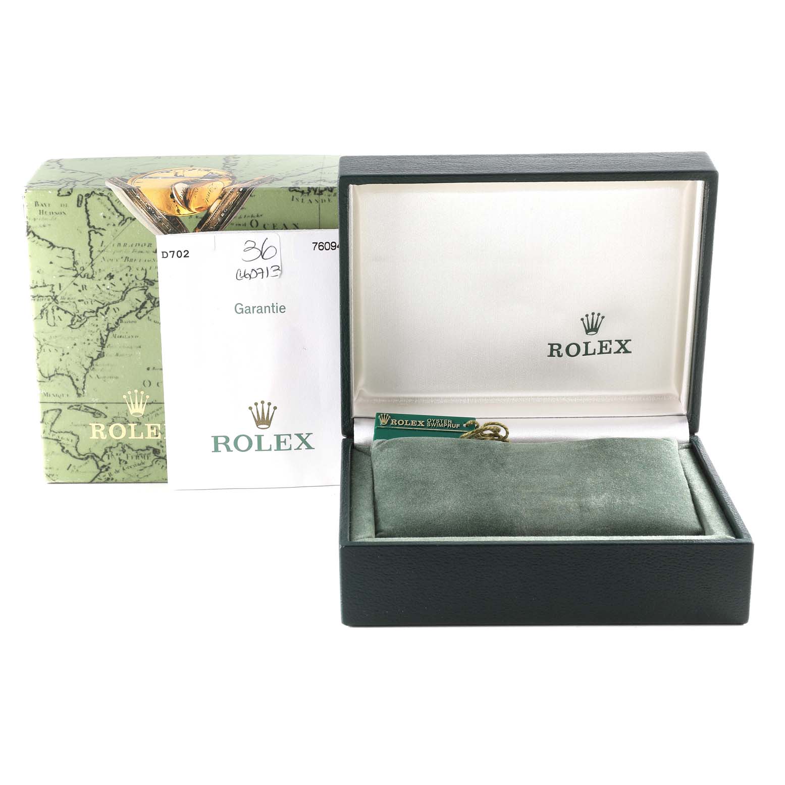 The image shows the packaging, warranty card, and the open box (without the watch) of a Rolex Oyster Perpetual 76094 Women
s Stainless Steel Pink Dial 76094 Women
s Stainless Steel Pink Dial.