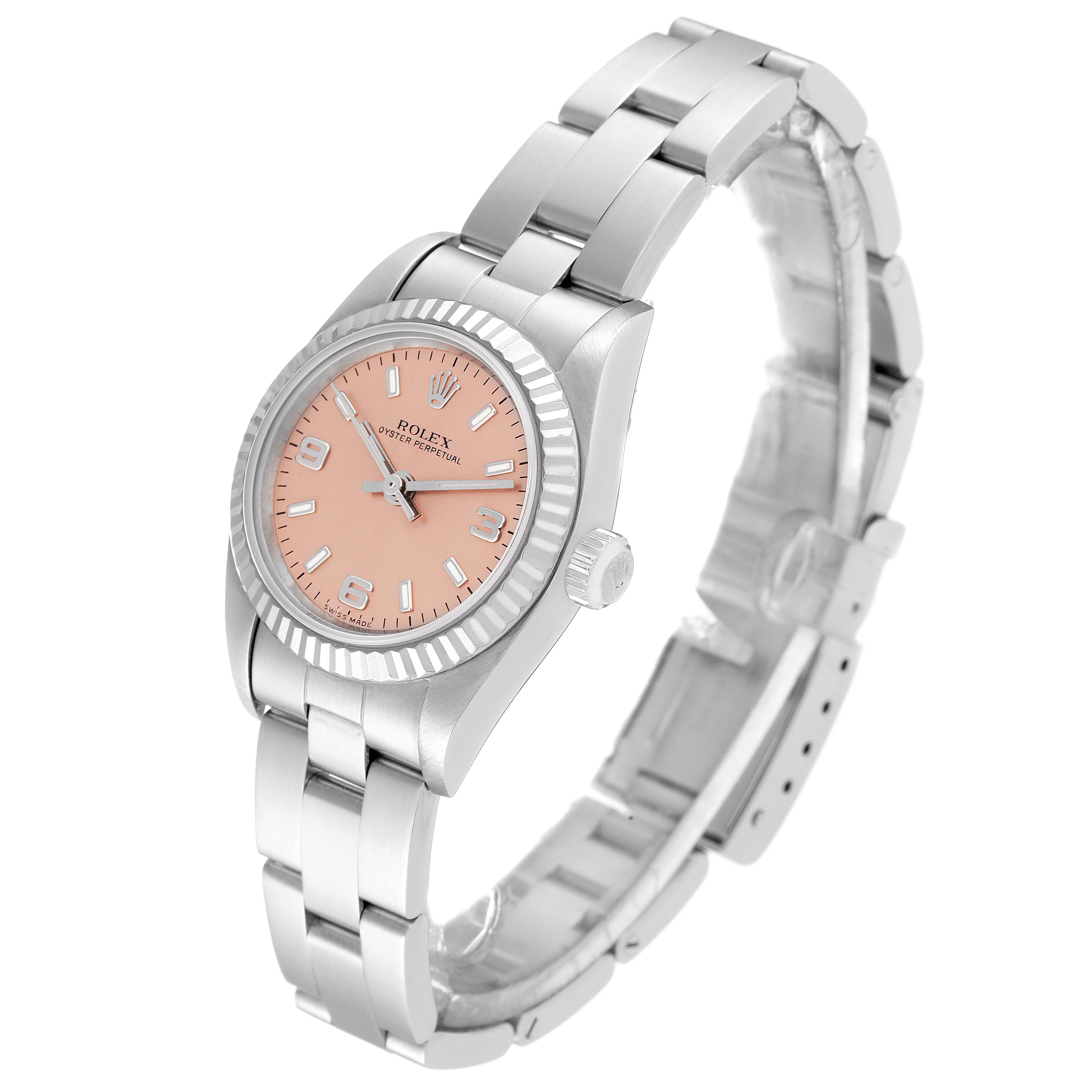 The image shows a Rolex Oyster Perpetual 76094 Women
s Stainless Steel Pink Dial 76094 Women
s Stainless Steel Pink Dial watch angled slightly to display the face, band, and bezel.