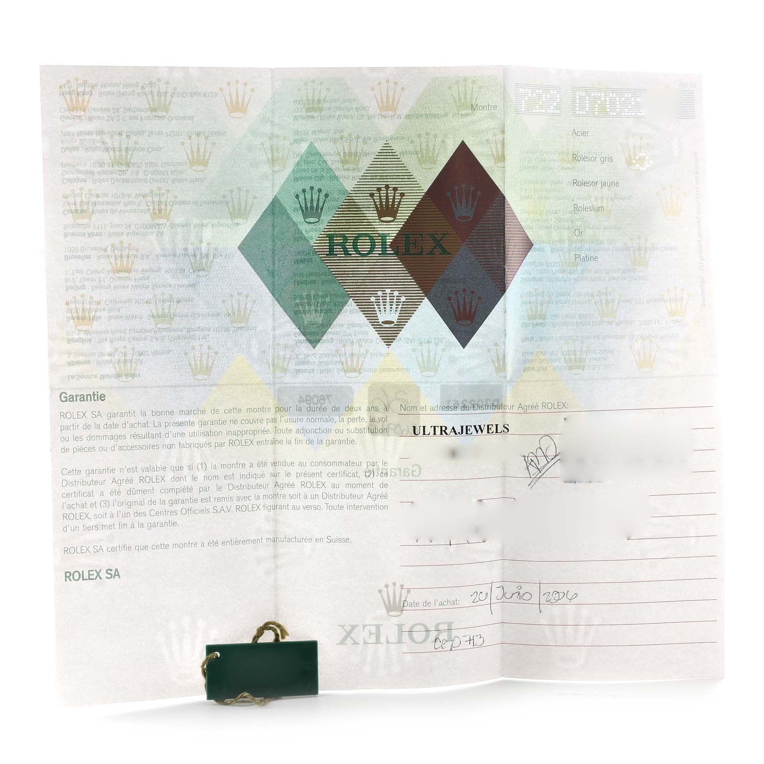 The image shows a warranty certificate for a Rolex Oyster Perpetual 76094 Women
s Stainless Steel Pink Dial 76094 Women
s Stainless Steel Pink Dial watch.