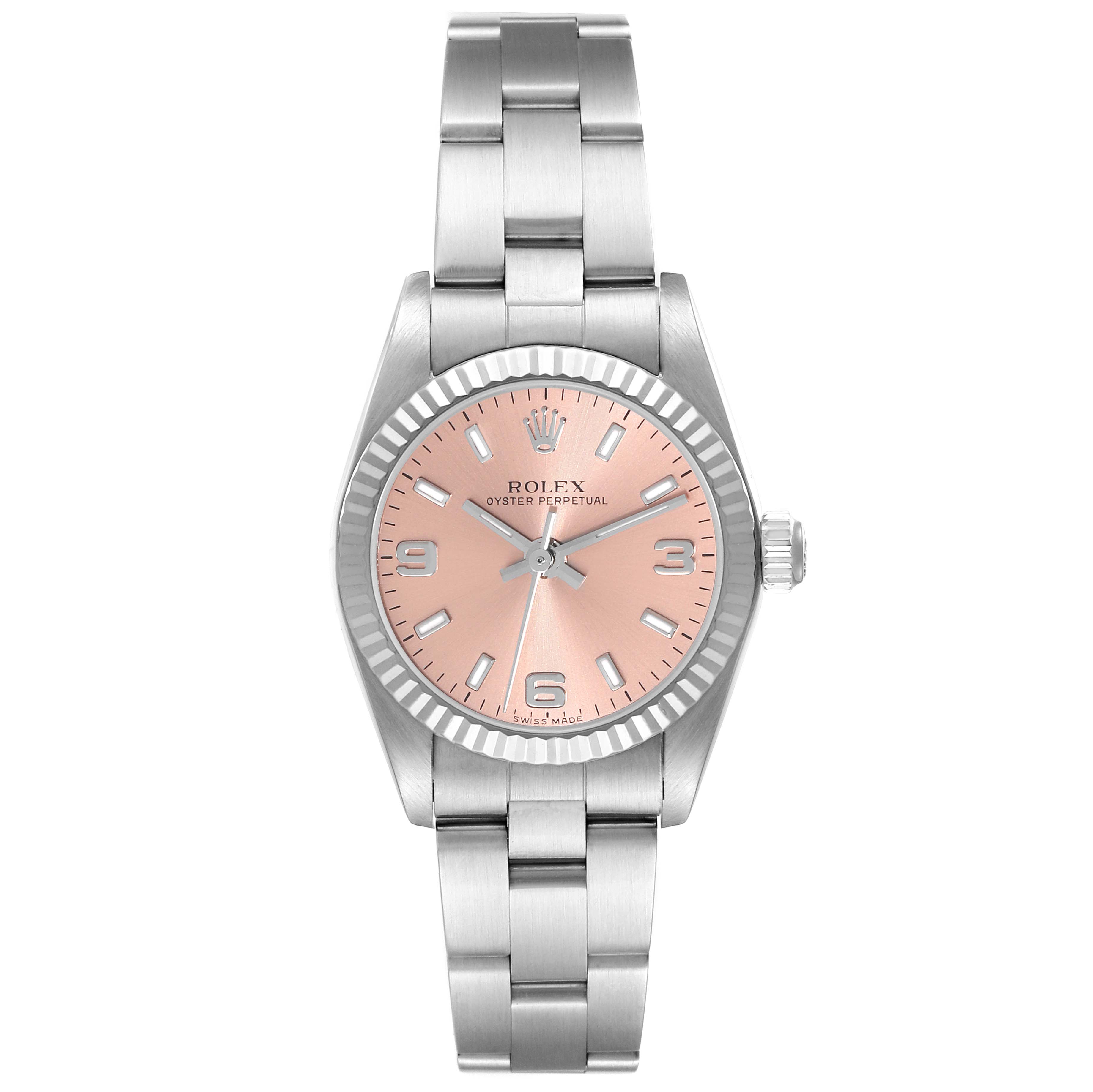 This image shows a front view of a Rolex Oyster Perpetual 76094 Women
s Stainless Steel Pink Dial 76094 Women
s Stainless Steel Pink Dial watch, highlighting the dial, case, and bracelet.