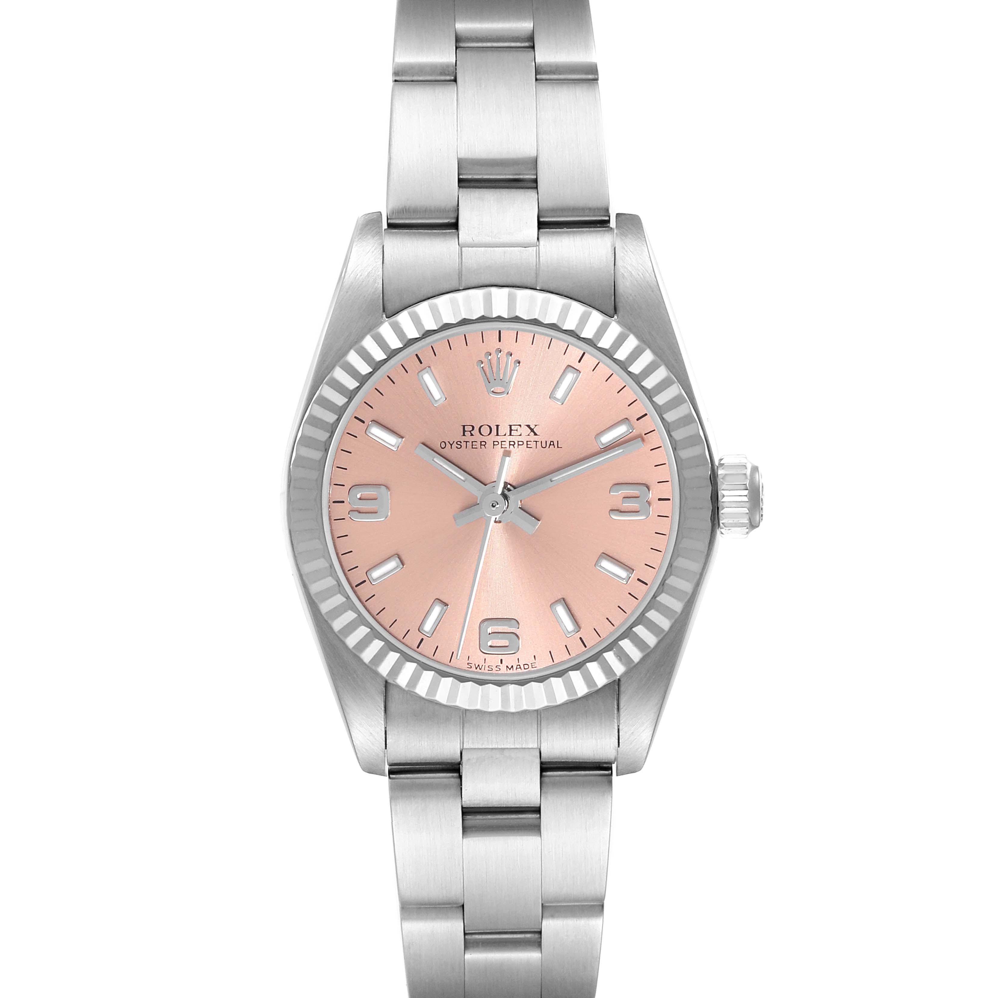 This image shows a front view of a Rolex Oyster Perpetual 76094 Women
s Stainless Steel Pink Dial 76094 Women
s Stainless Steel Pink Dial watch with a pink dial and a silver bracelet.