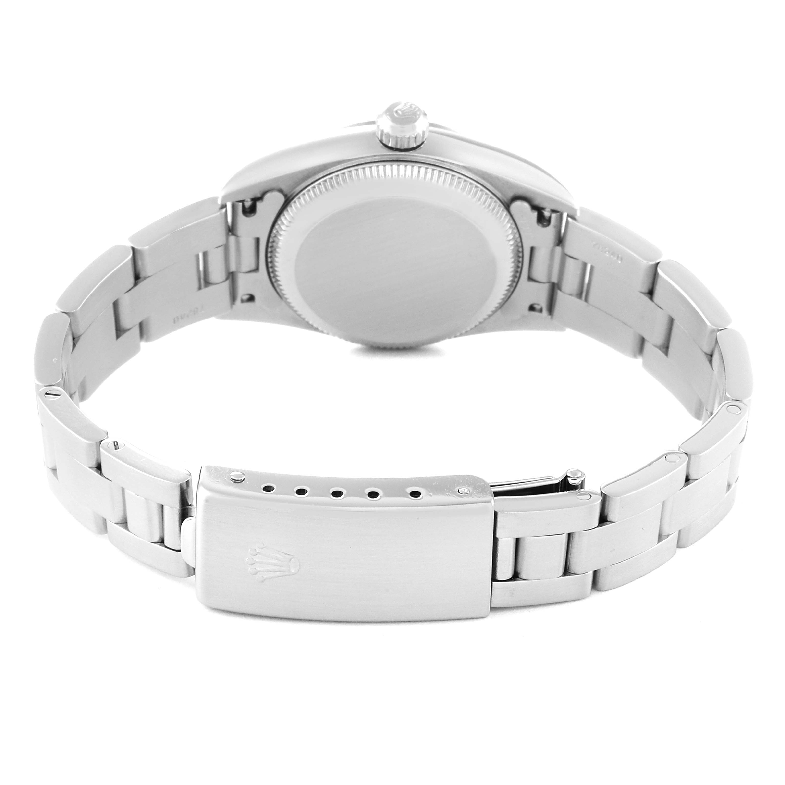 This image shows the back side and clasp of a Rolex Oyster Perpetual 76094 Women
s Stainless Steel Pink Dial 76094 Women
s Stainless Steel Pink Dial watch.