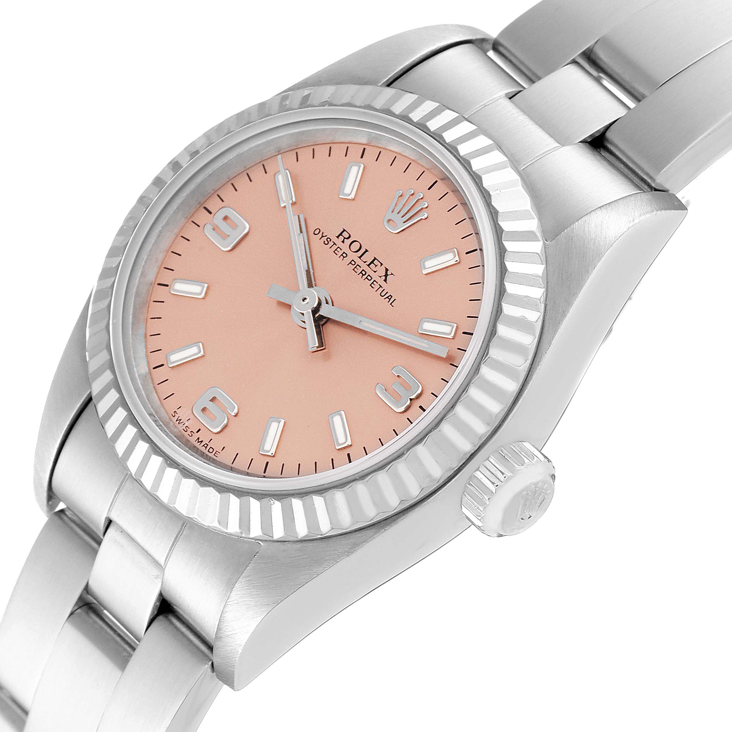 The image shows a Rolex Oyster Perpetual 76094 Women
s Stainless Steel Pink Dial 76094 Women
s Stainless Steel Pink Dial watch from an angled top view, highlighting the dial, bezel, crown, and stainless steel bracelet.