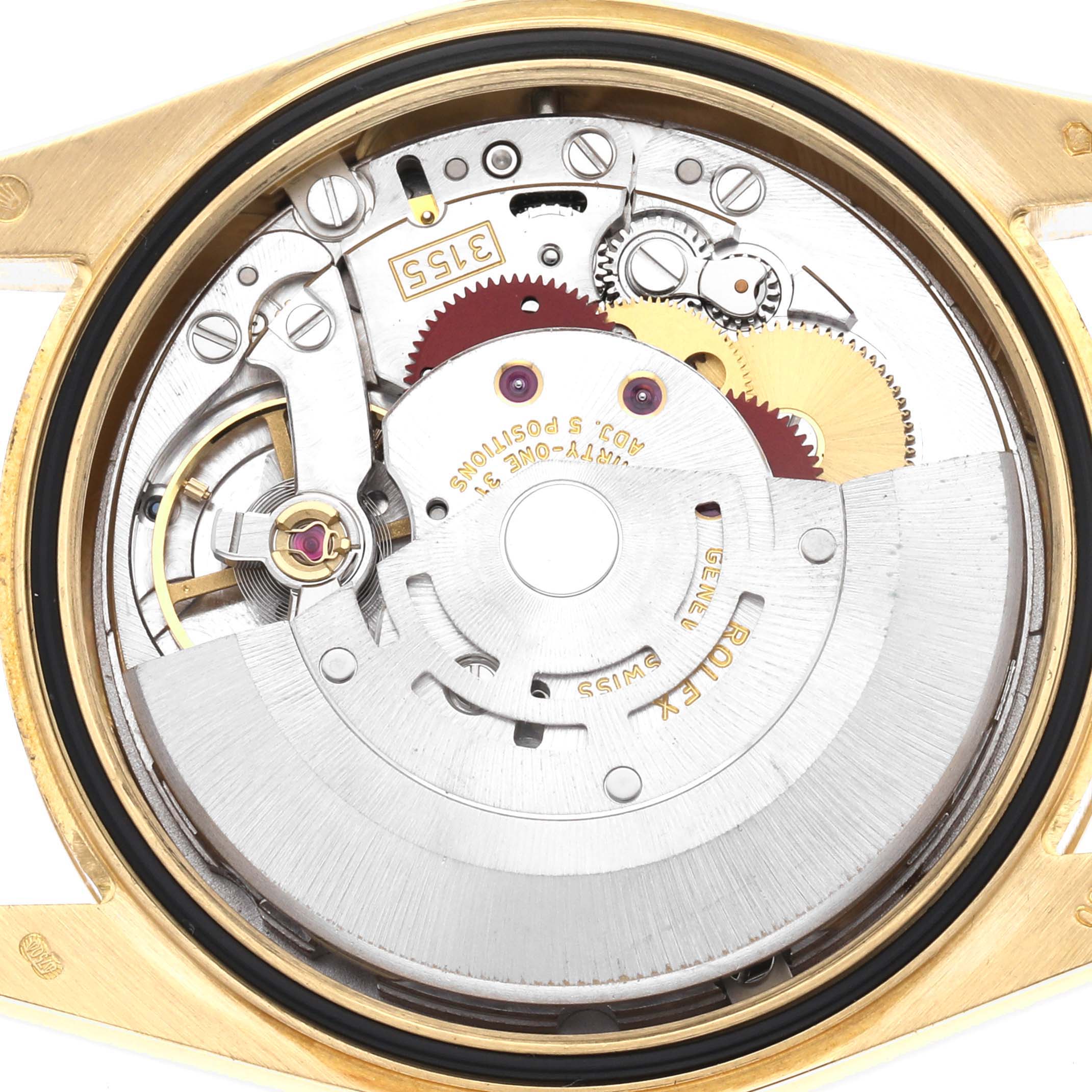 The image shows the movement and internal components of a Rolex President 118238 Men's Yellow Gold Champagne Dial watch from the back.