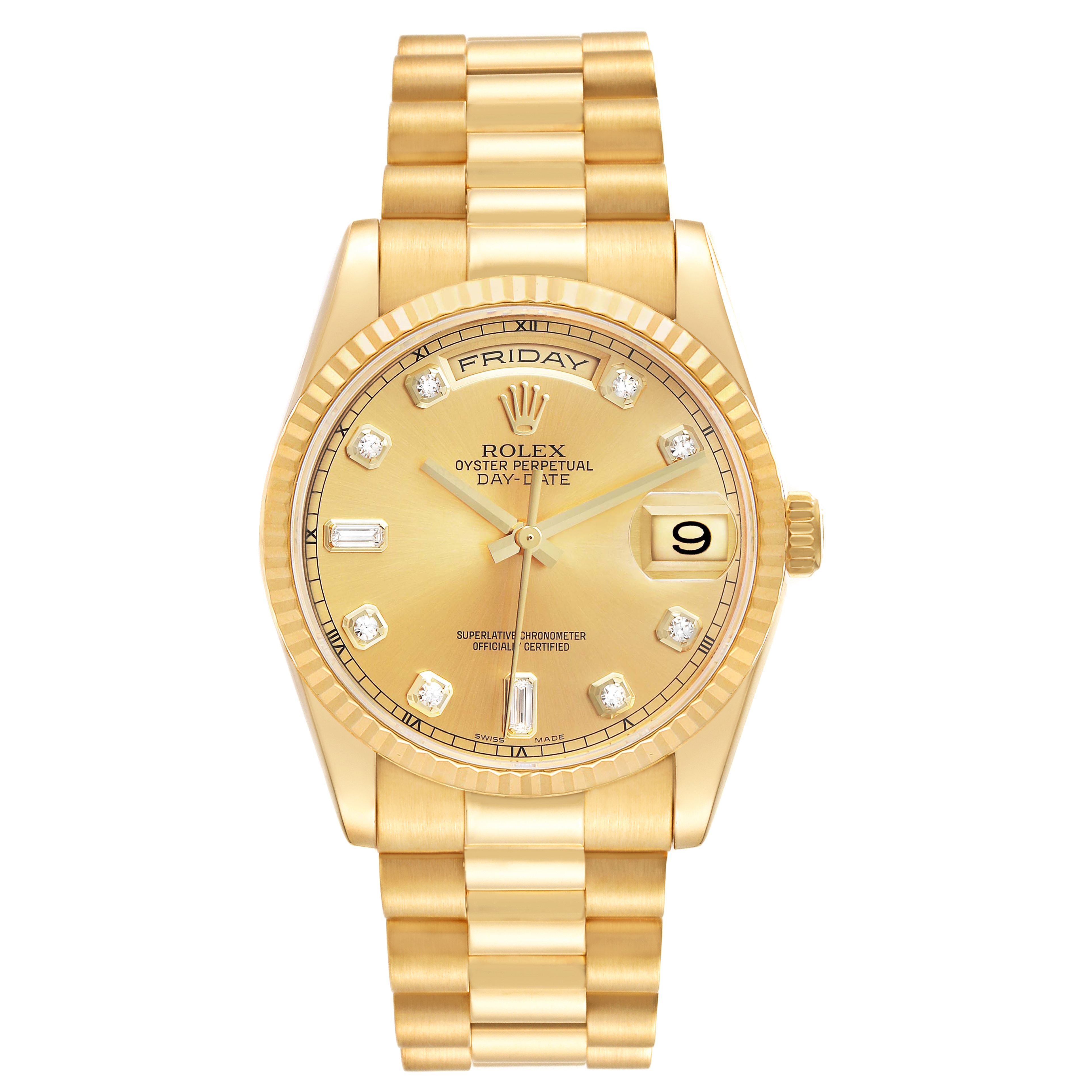 The image shows a Rolex President 118238 Men's Yellow Gold Champagne Dial model watch from a front angle, highlighting its dial, bezel, and gold bracelet.