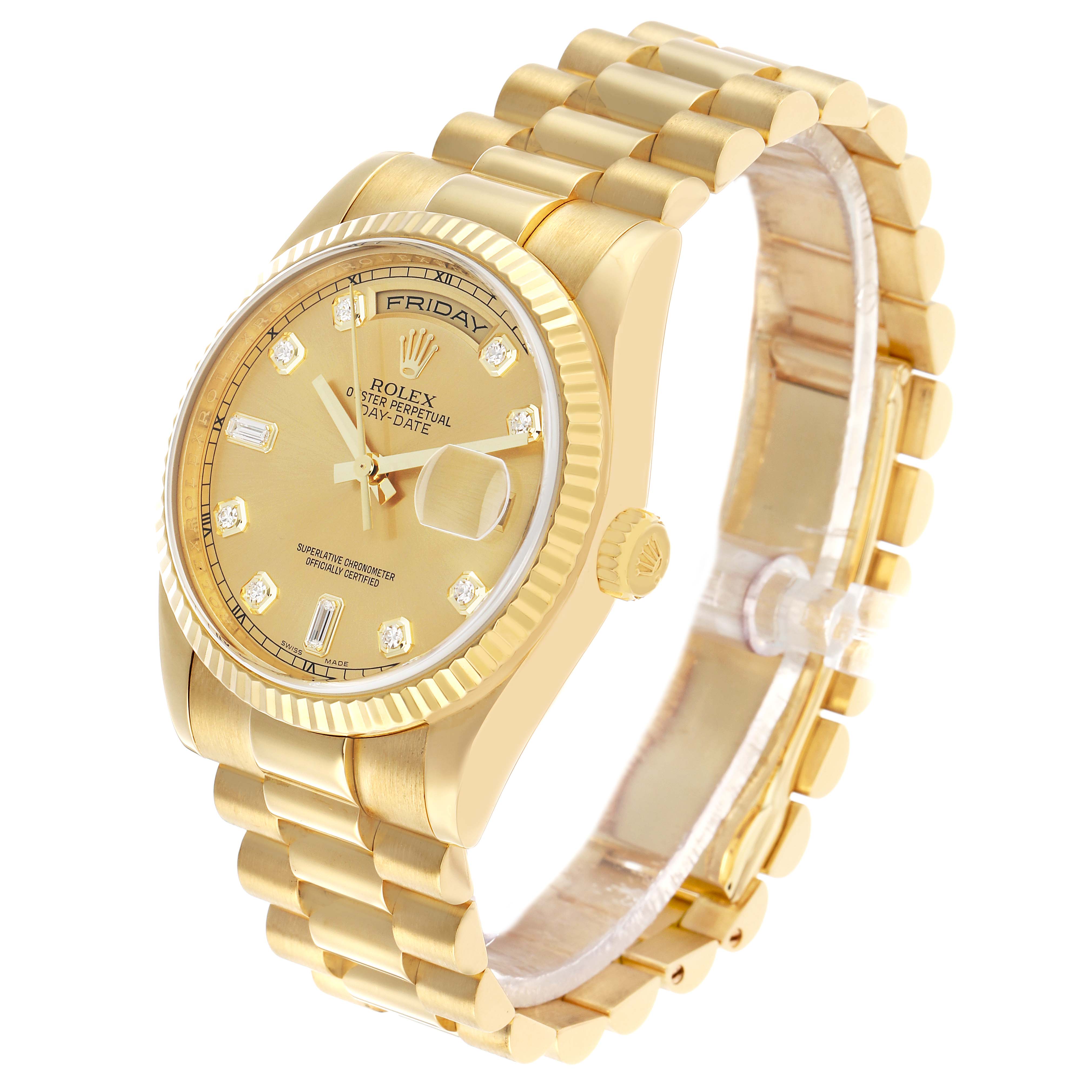 The Rolex President 118238 Men's Yellow Gold Champagne Dial model watch is shown from an angled side view, highlighting the face, bracelet, and fluted bezel.