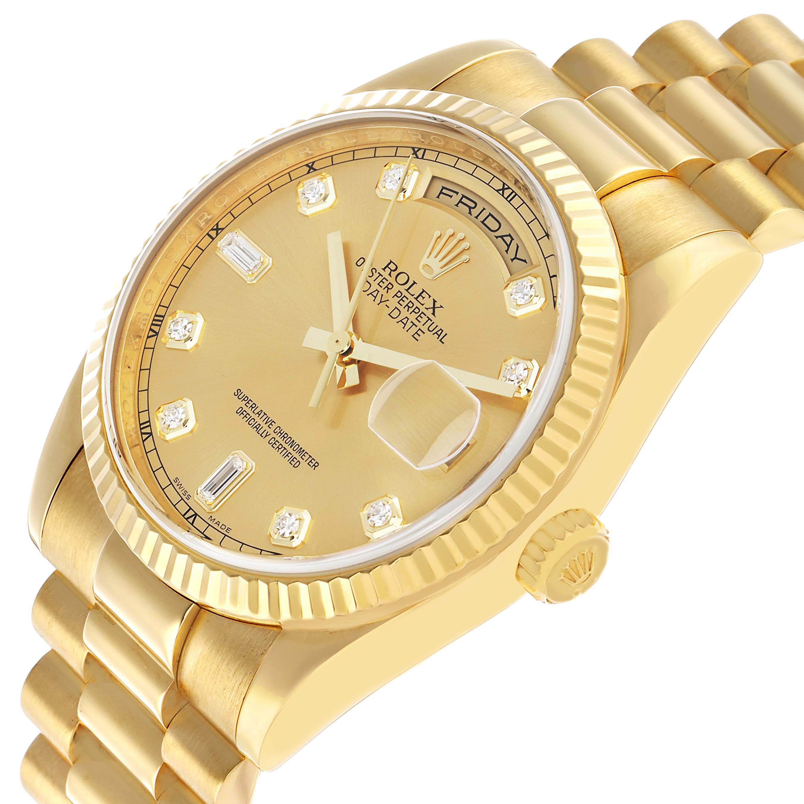 The Rolex President 118238 Men's Yellow Gold Champagne Dial model is shown at a tilted angle, highlighting the dial, fluted bezel, day-date window, and bracelet.