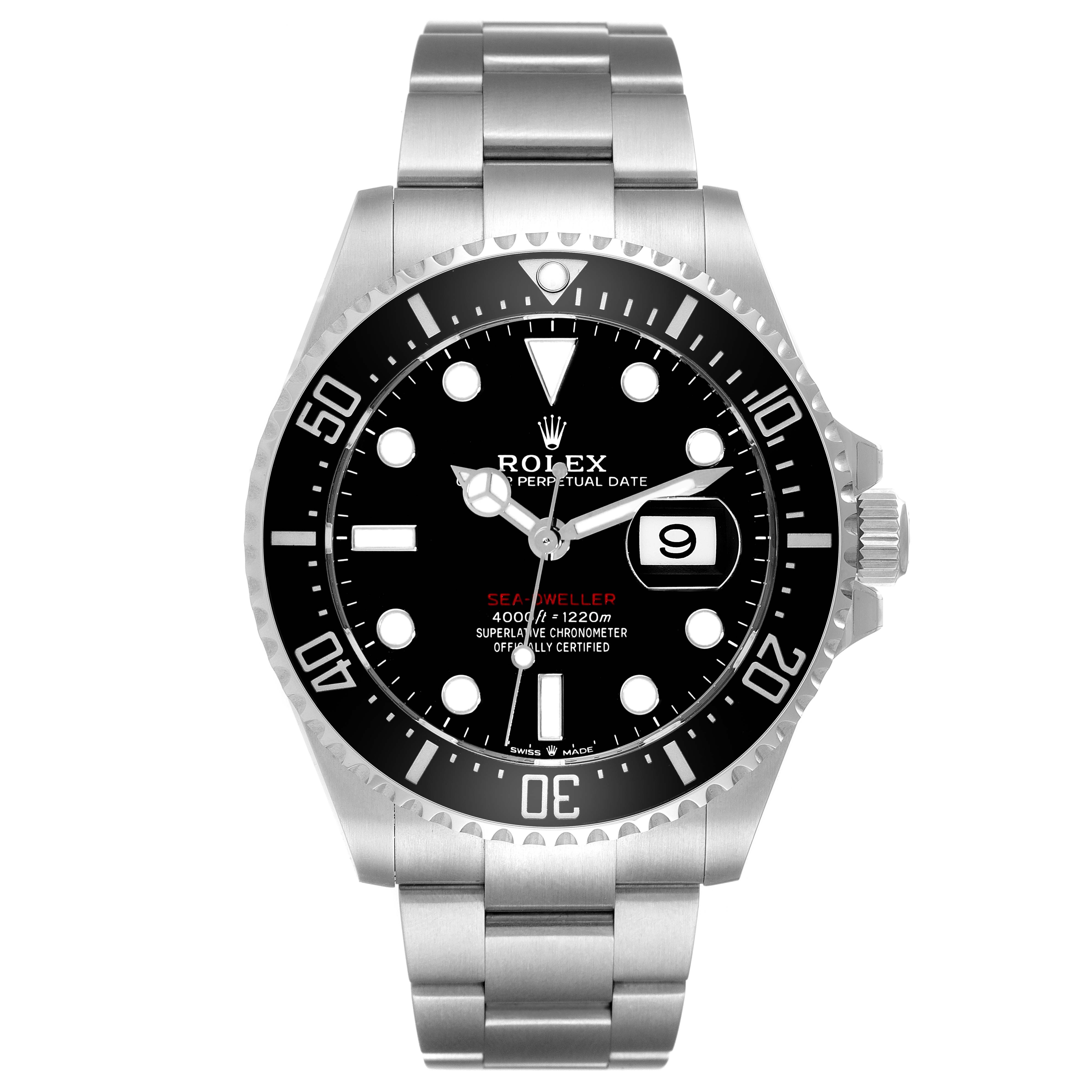 The image shows a frontal view of a Rolex Sea-Dweller 126600 Men
s Stainless Steel Black Dial 126600 Men
s Stainless Steel Black Dial watch, highlighting its face, bezel, and bracelet.