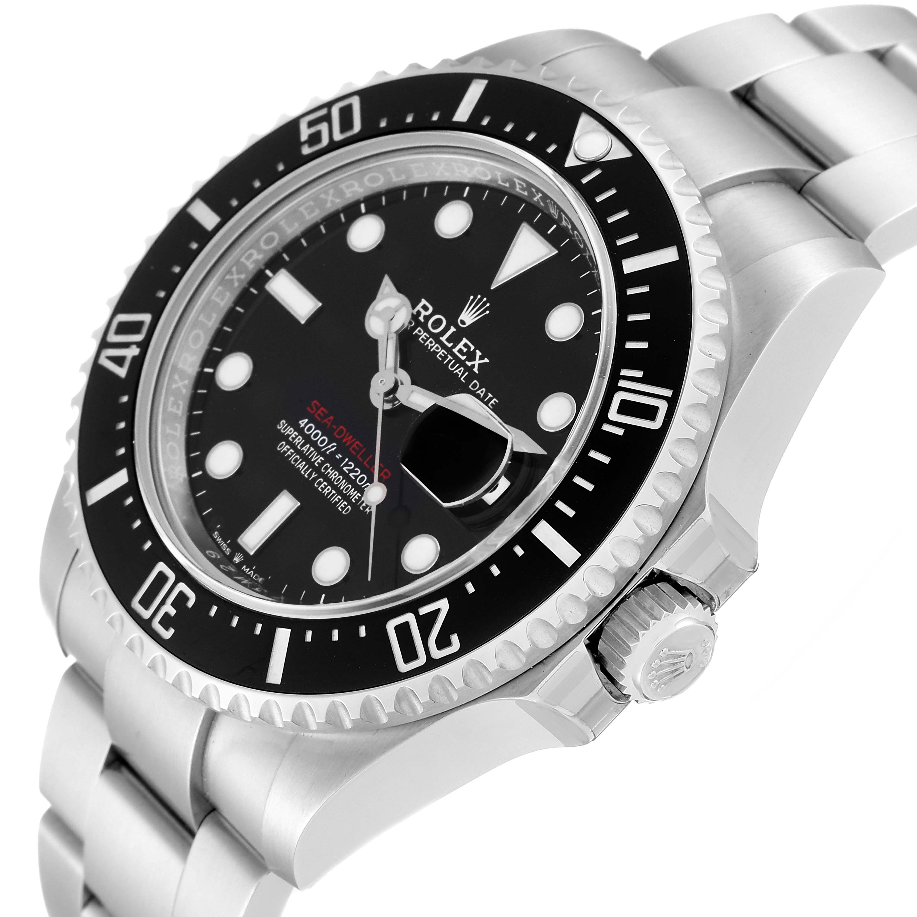 This image shows a Rolex Sea-Dweller 126600 Men
s Stainless Steel Black Dial 126600 Men
s Stainless Steel Black Dial watch at an angled view, highlighting the bezel, crown, and part of the bracelet.