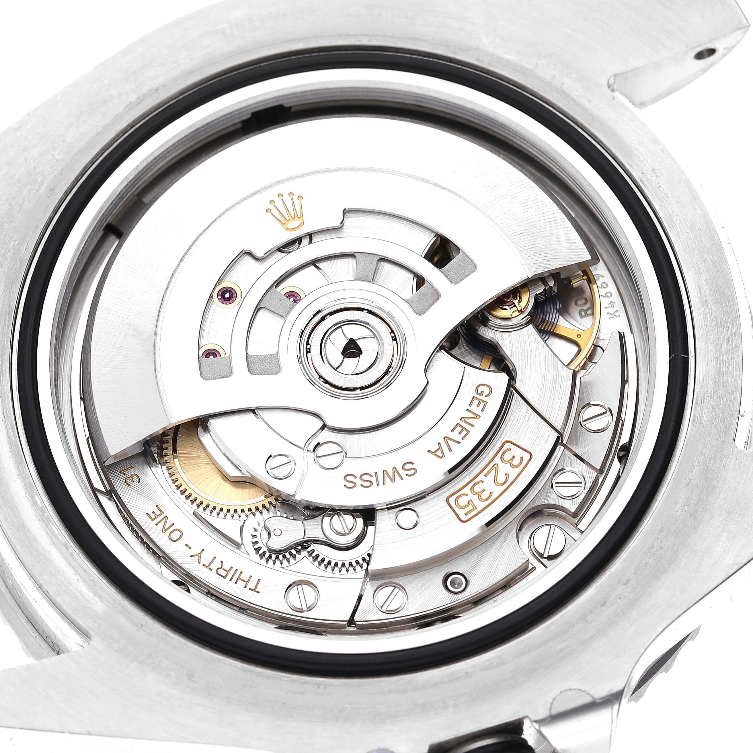 The image shows the intricate internal movement of the Rolex Sea-Dweller 126600 Men
s Stainless Steel Black Dial 126600 Men
s Stainless Steel Black Dial watch, viewed from the back.