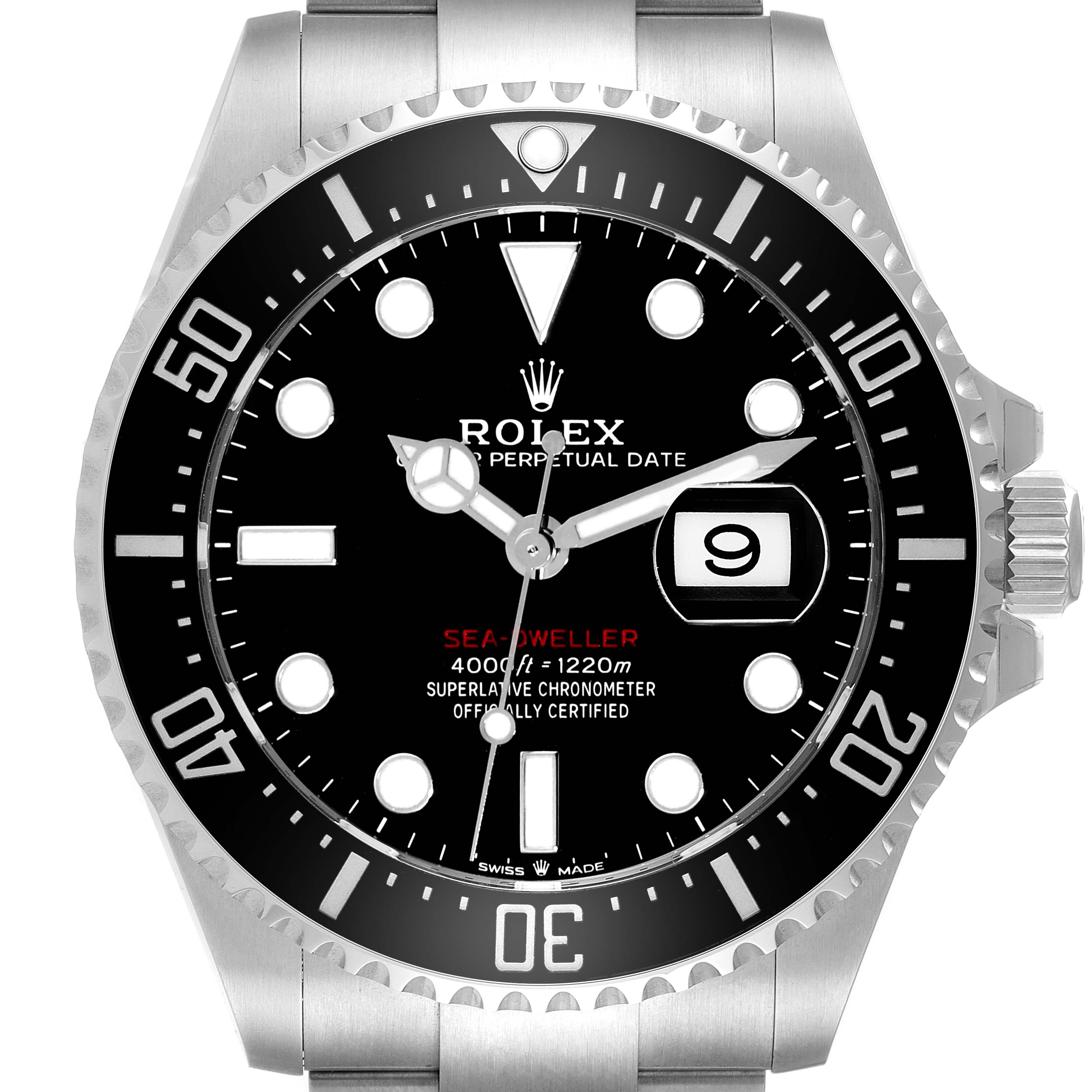 The image displays a frontal view of the Rolex Sea-Dweller 126600 Men
s Stainless Steel Black Dial 126600 Men
s Stainless Steel Black Dial watch, showcasing its dial, bezel, and bracelet.