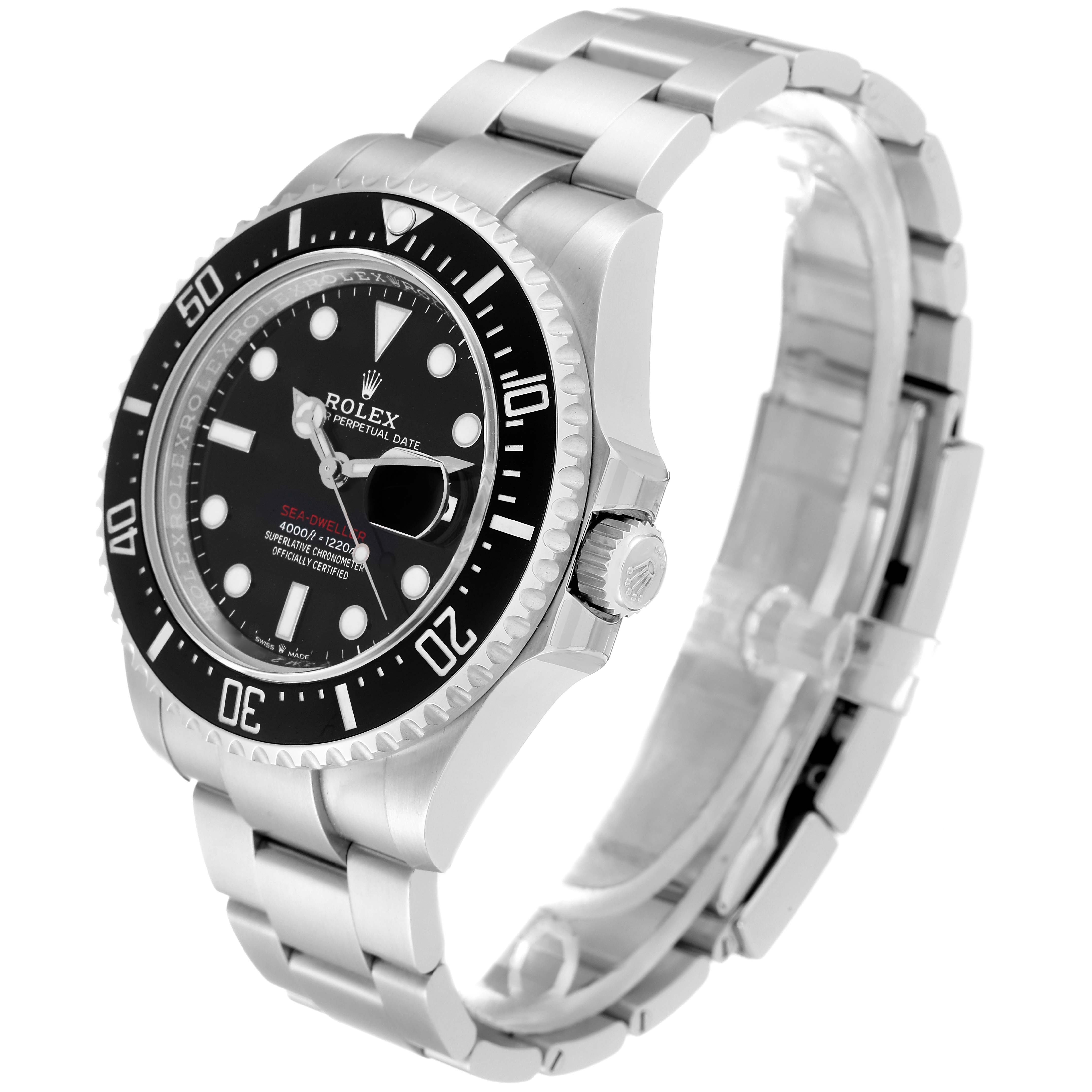 The image shows a side angle of the Rolex Sea-Dweller 126600 Men
s Stainless Steel Black Dial 126600 Men
s Stainless Steel Black Dial watch, highlighting the bezel, crown, dial, and bracelet.