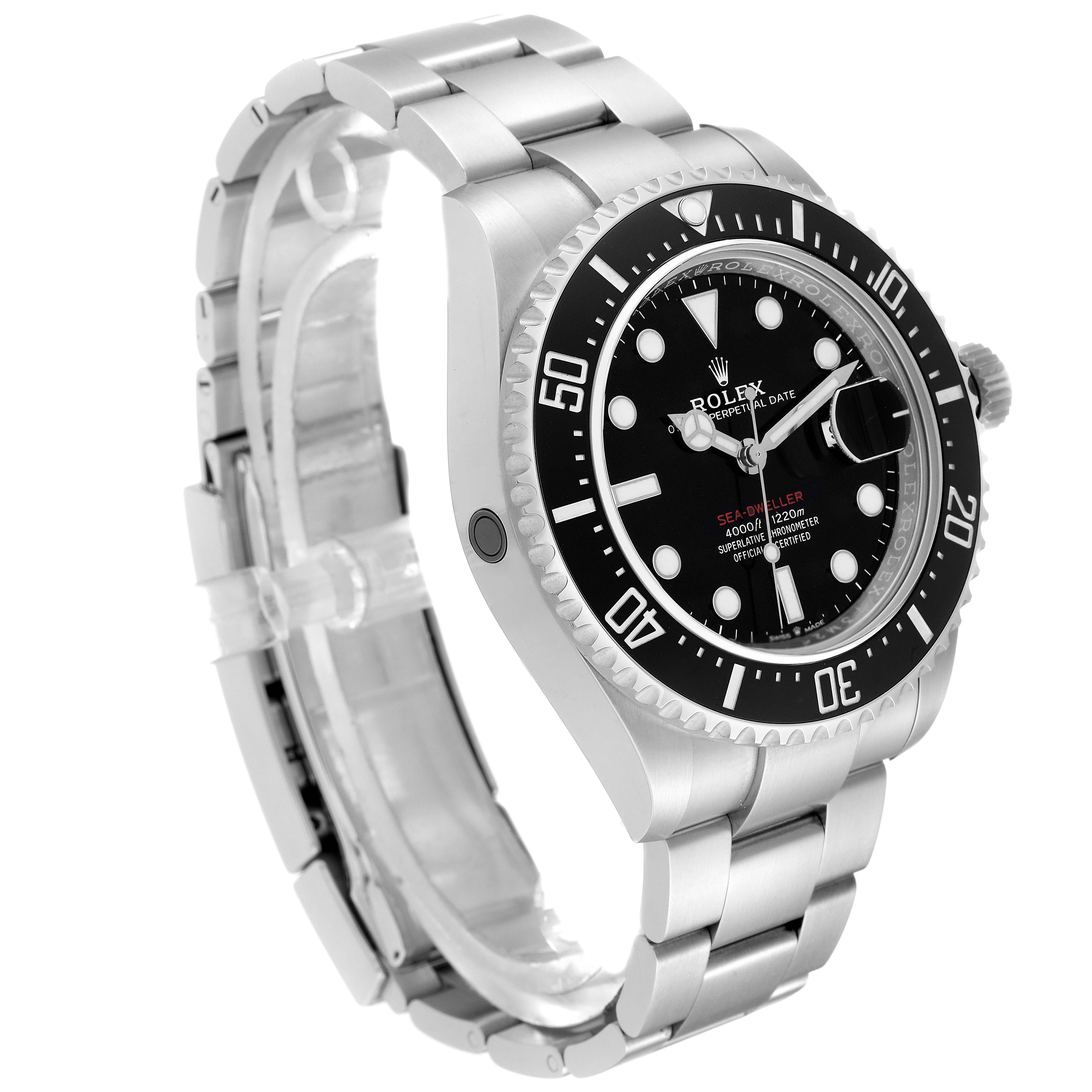 This image shows a three-quarter view of the Rolex Sea-Dweller 126600 Men
s Stainless Steel Black Dial 126600 Men
s Stainless Steel Black Dial watch, highlighting its bezel, dial, and bracelet.