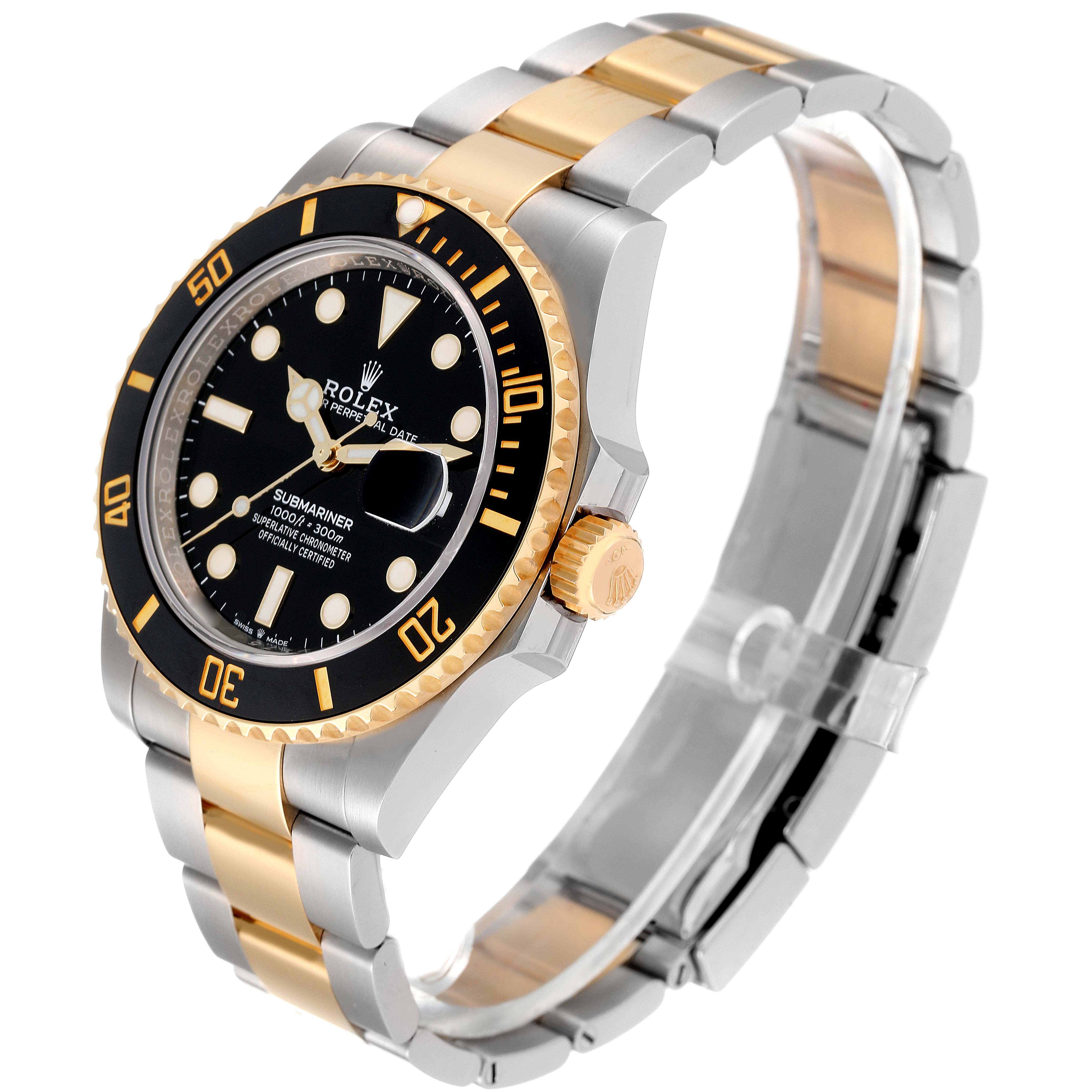 This image shows a Rolex Submariner 126613LN Men
s Steel and Gold (two tone) Black Dial 126613LN Men
s Steel and Gold (two tone) Black Dial watch from a three-quarter angle, highlighting its bezel, dial, case, and bracelet.