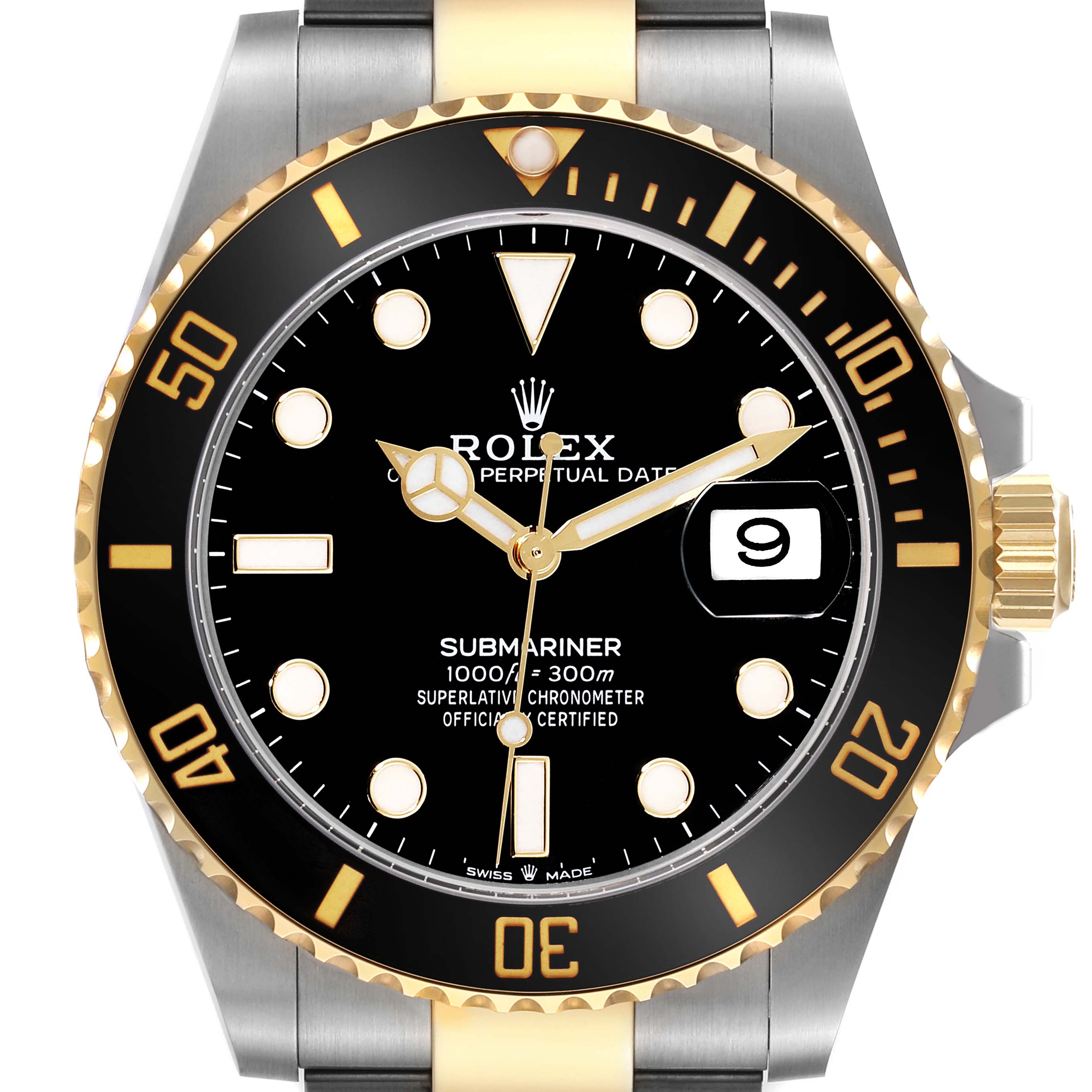 The image shows a frontal view of a Rolex Submariner 126613LN Men
s Steel and Gold (two tone) Black Dial 126613LN Men
s Steel and Gold (two tone) Black Dial watch with a gold and stainless steel bracelet.