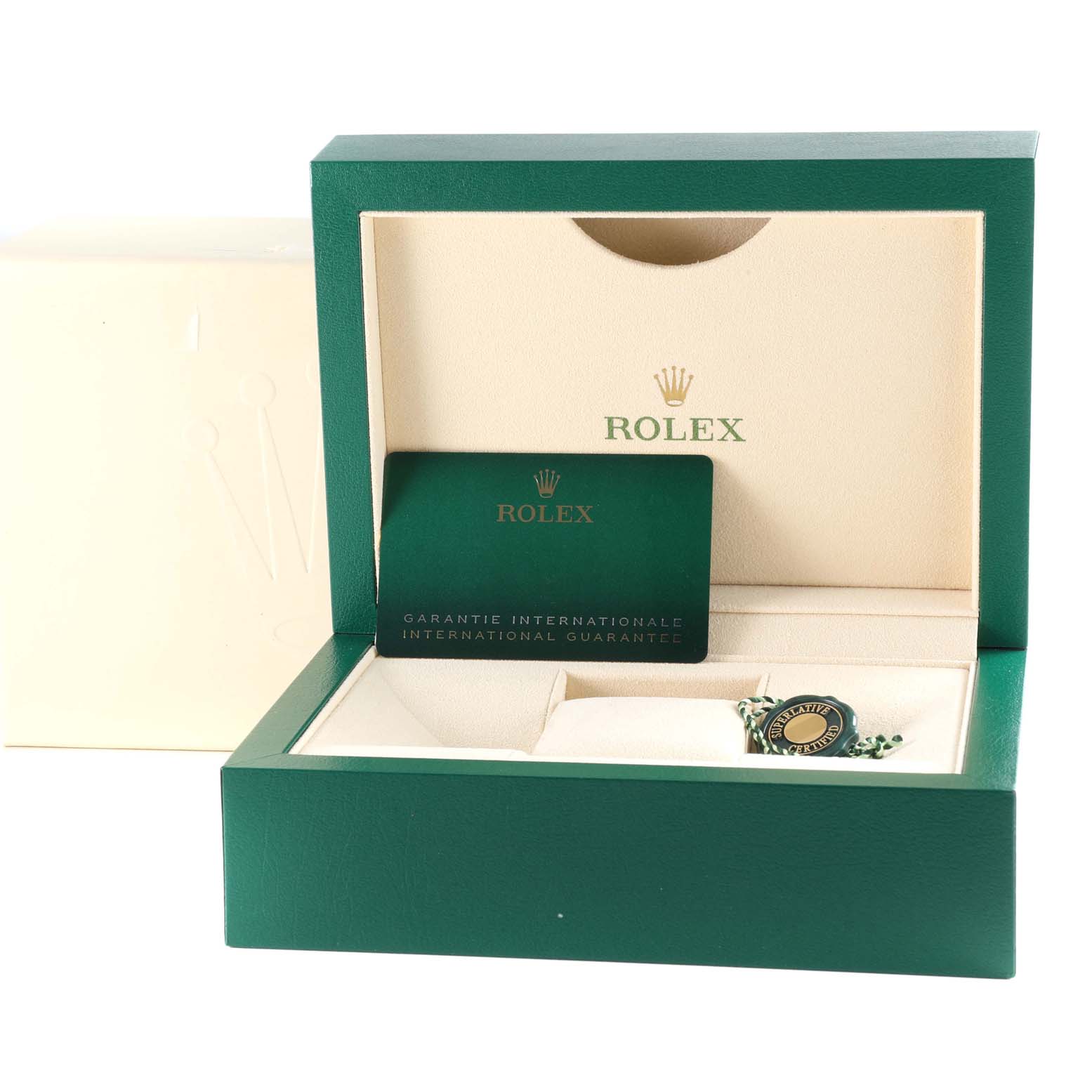 This image shows the box and accessories for a Rolex Submariner 126613LN Men
s Steel and Gold (two tone) Black Dial 126613LN Men
s Steel and Gold (two tone) Black Dial, including the warranty card and tag.