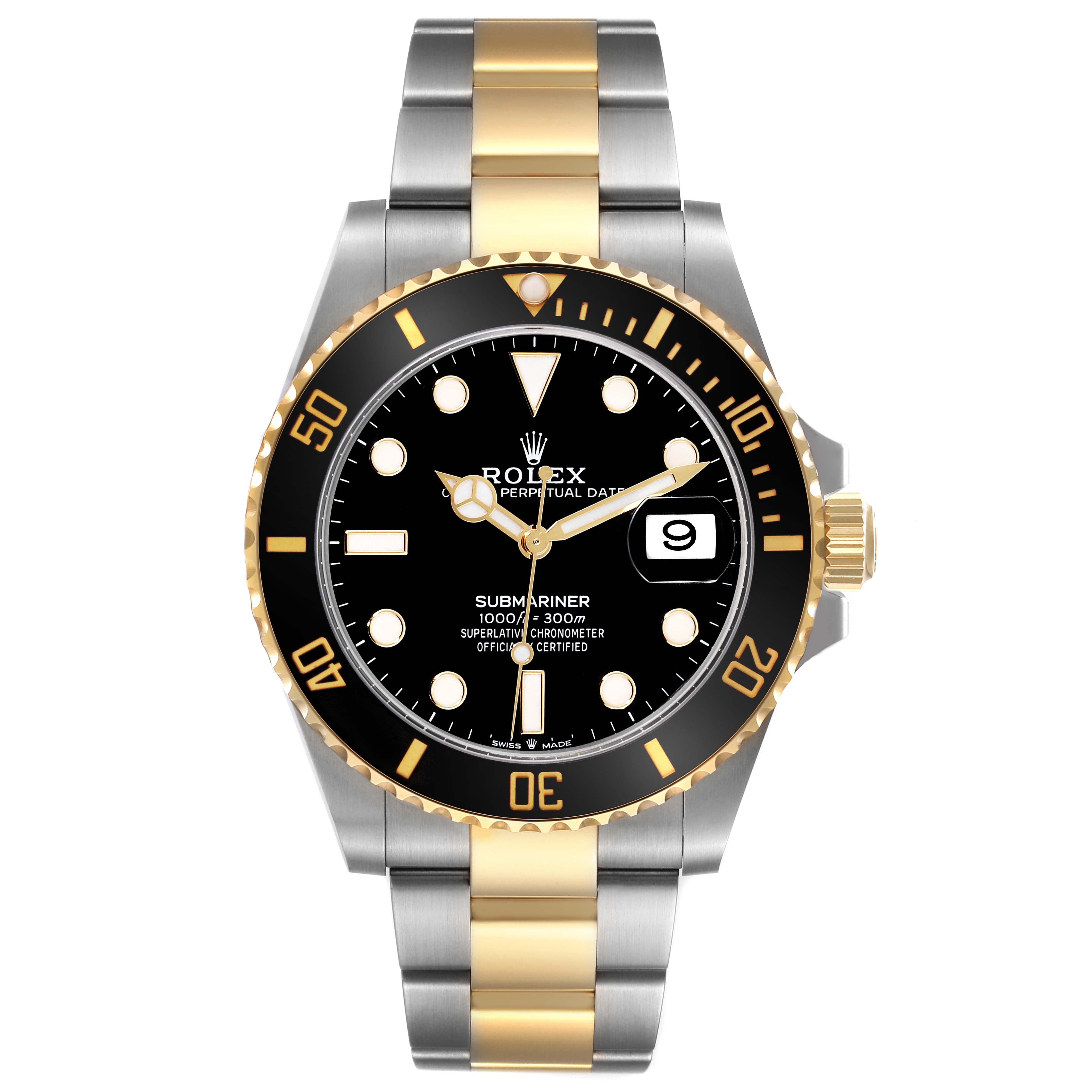 The image shows a front view of a Rolex Submariner 126613LN Men
s Steel and Gold (two tone) Black Dial 126613LN Men
s Steel and Gold (two tone) Black Dial watch, featuring a two-tone bracelet and a black dial with a date display.