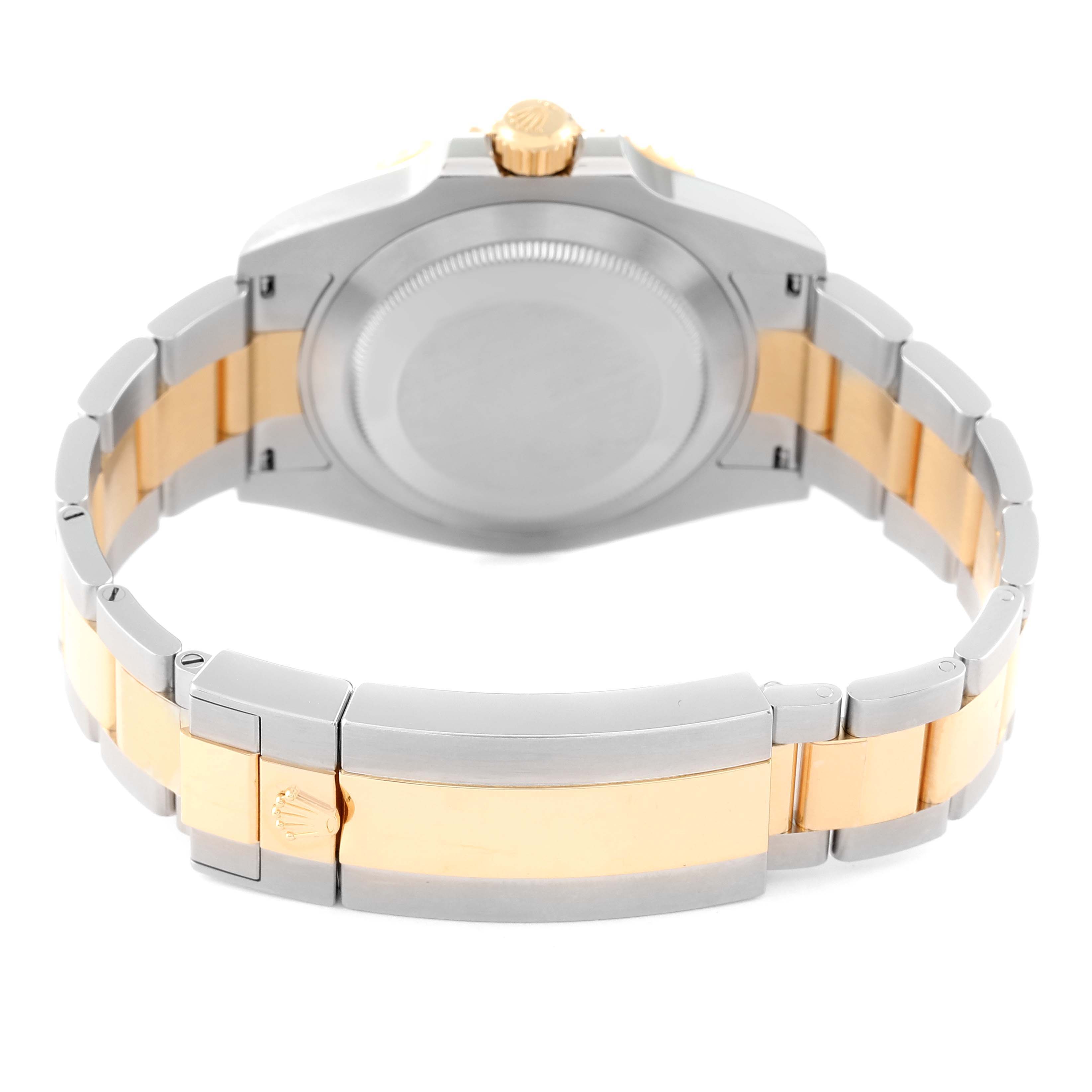 The image shows the back view of a Rolex Submariner 126613LN Men
s Steel and Gold (two tone) Black Dial 126613LN Men
s Steel and Gold (two tone) Black Dial, highlighting the case back, crown, and two-tone bracelet.