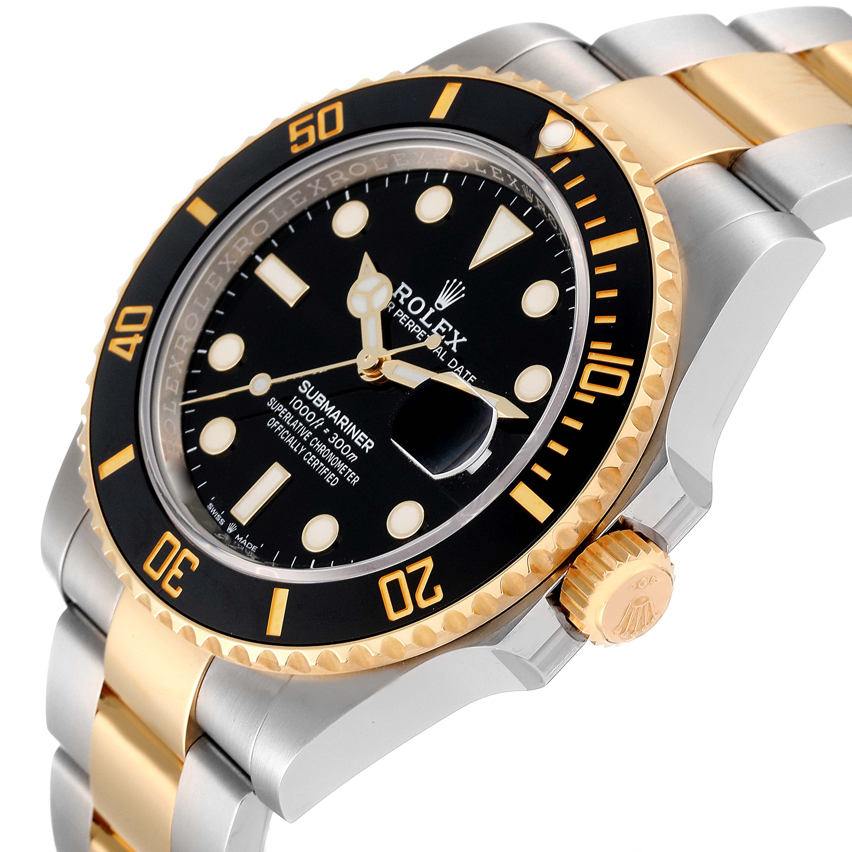 The image shows a side angle view of a Rolex Submariner 126613LN Men
s Steel and Gold (two tone) Black Dial 126613LN Men
s Steel and Gold (two tone) Black Dial watch, focusing on its bezel, crown, and bracelet.