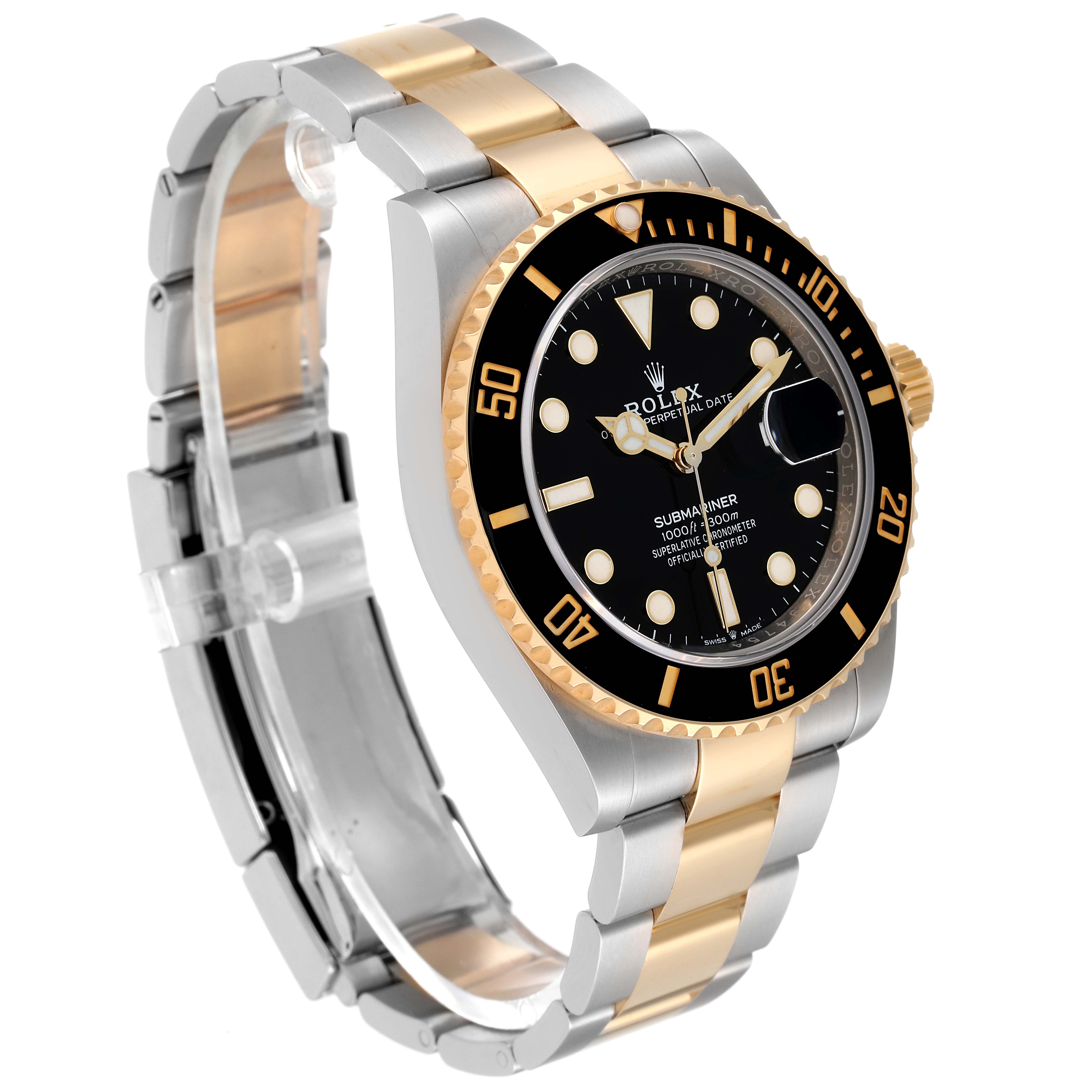 This image shows a Rolex Submariner 126613LN Men
s Steel and Gold (two tone) Black Dial 126613LN Men
s Steel and Gold (two tone) Black Dial watch at a side angle, featuring its bezel, dial, and two-tone bracelet.