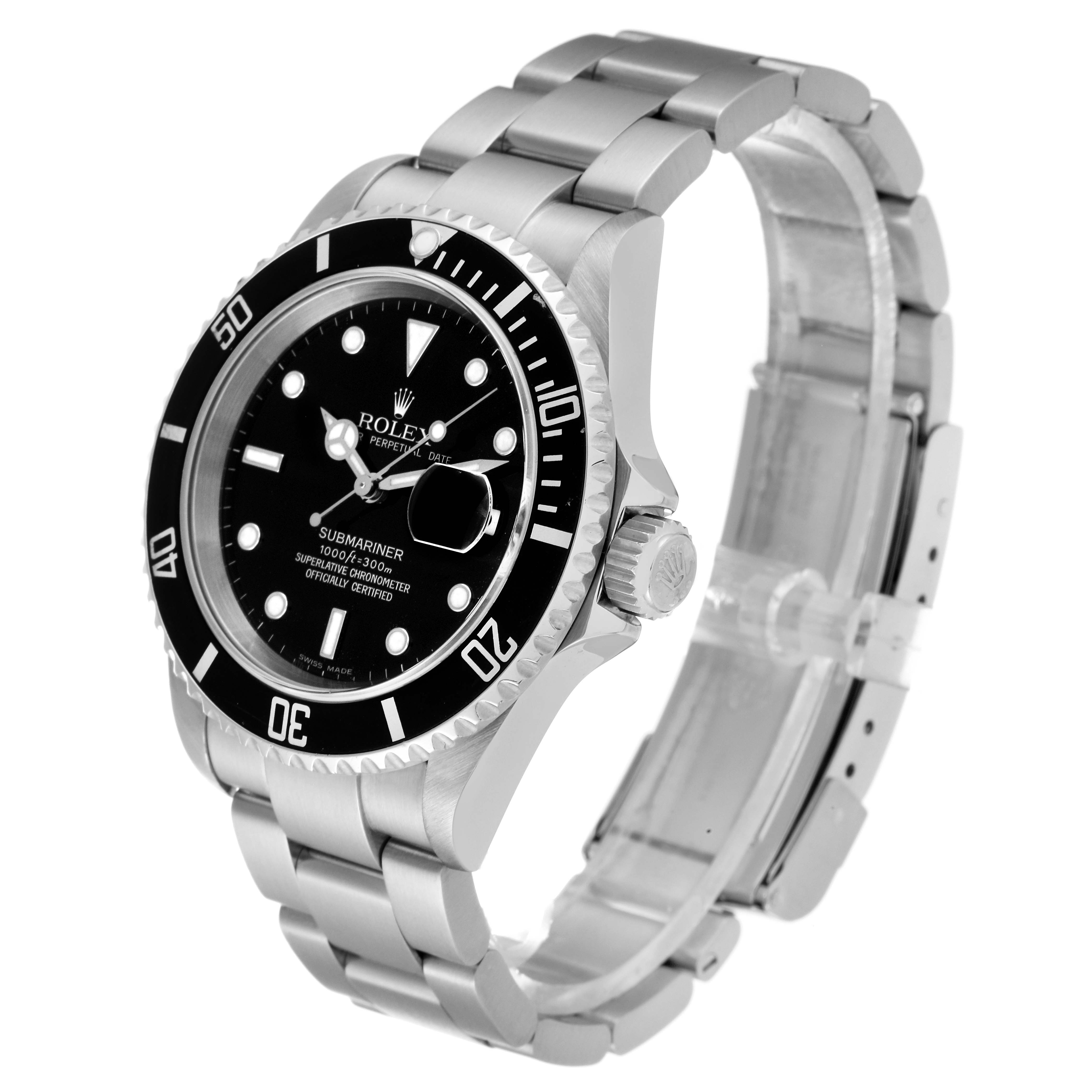 The image shows the Rolex Submariner 16610 Men
s Stainless Steel Black Dial 16610 Men
s Stainless Steel Black Dial watch from a side-angle, highlighting its bracelet, bezel, dial, and crown.