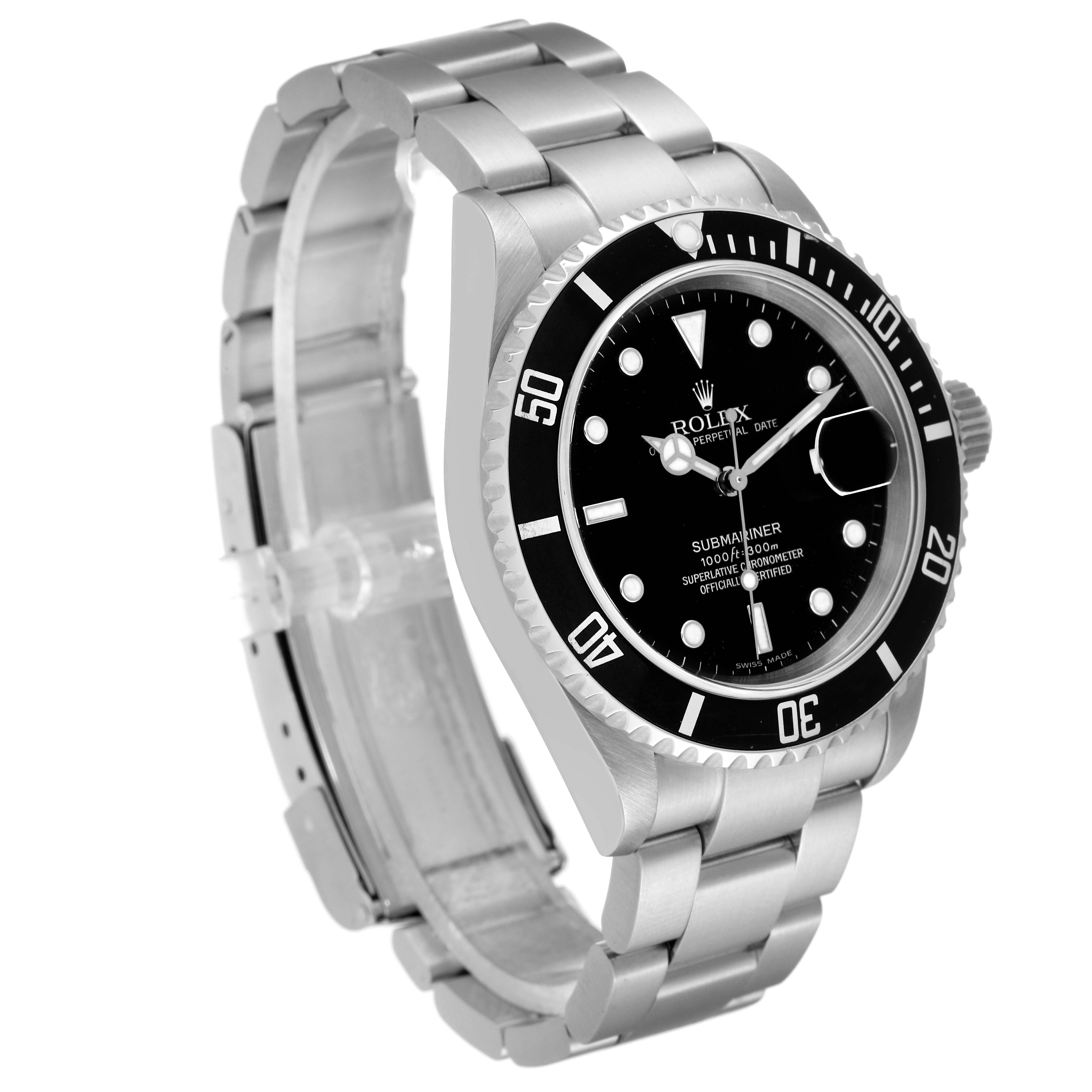 This image shows a Rolex Submariner 16610 Men
s Stainless Steel Black Dial 16610 Men
s Stainless Steel Black Dial watch at a three-quarter front angle, highlighting the face, bezel, crown, and part of the bracelet.