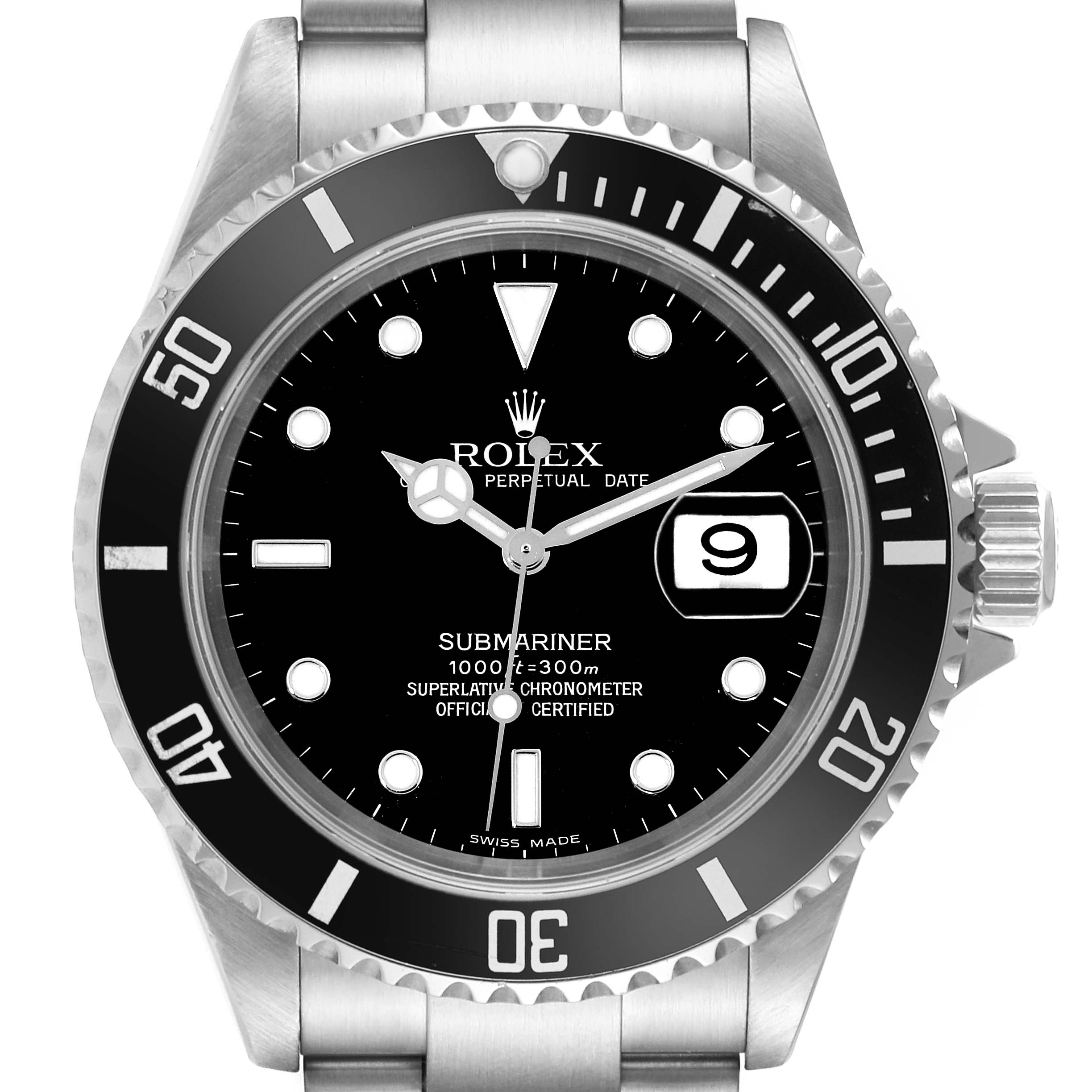 The image shows a front view of the Rolex Submariner 16610 Men
s Stainless Steel Black Dial 16610 Men
s Stainless Steel Black Dial watch, highlighting its dial, bezel, hands, and bracelet.