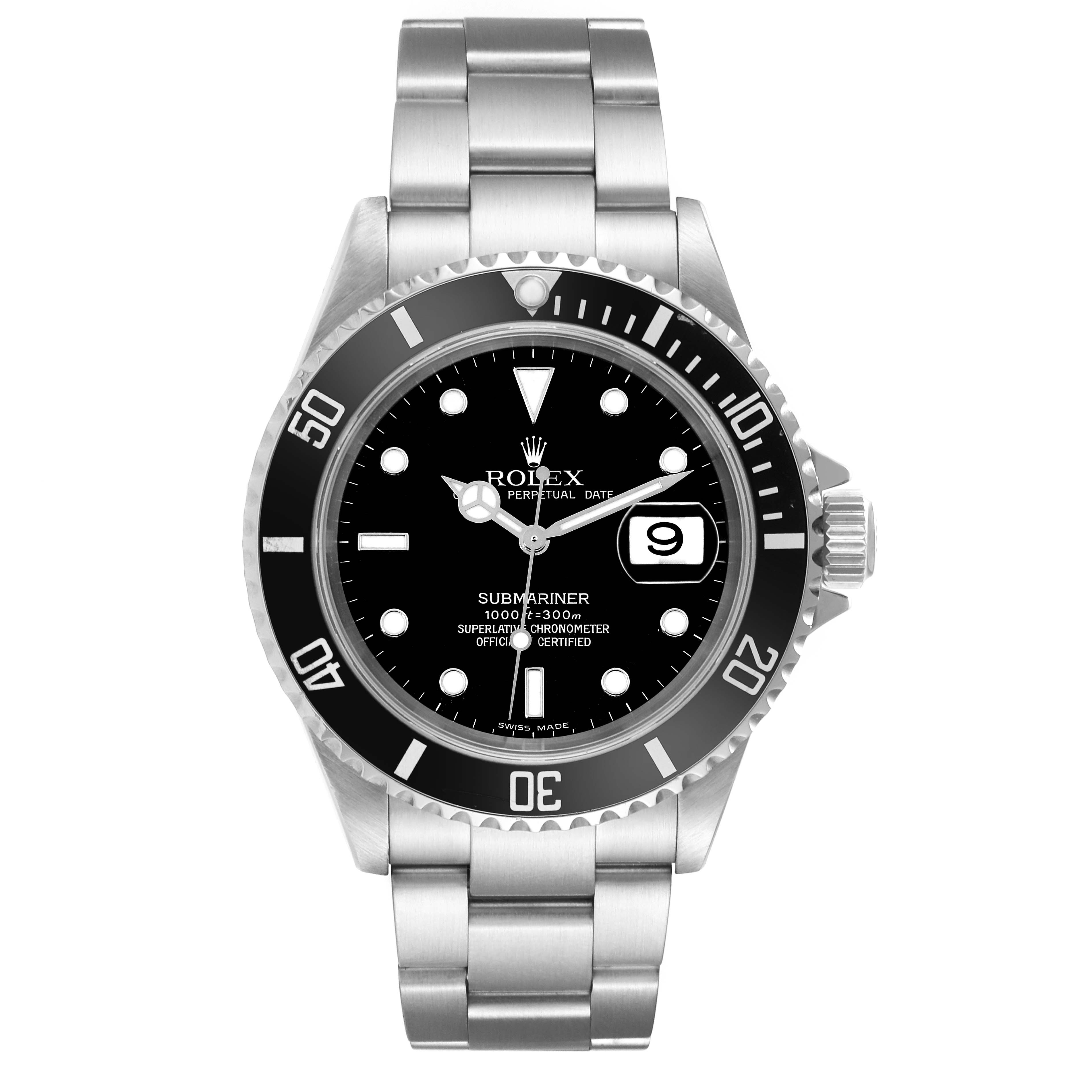 The image shows a front view of a Rolex Submariner 16610 Men
s Stainless Steel Black Dial 16610 Men
s Stainless Steel Black Dial watch, displaying its dial, bezel, bracelet, and crown.