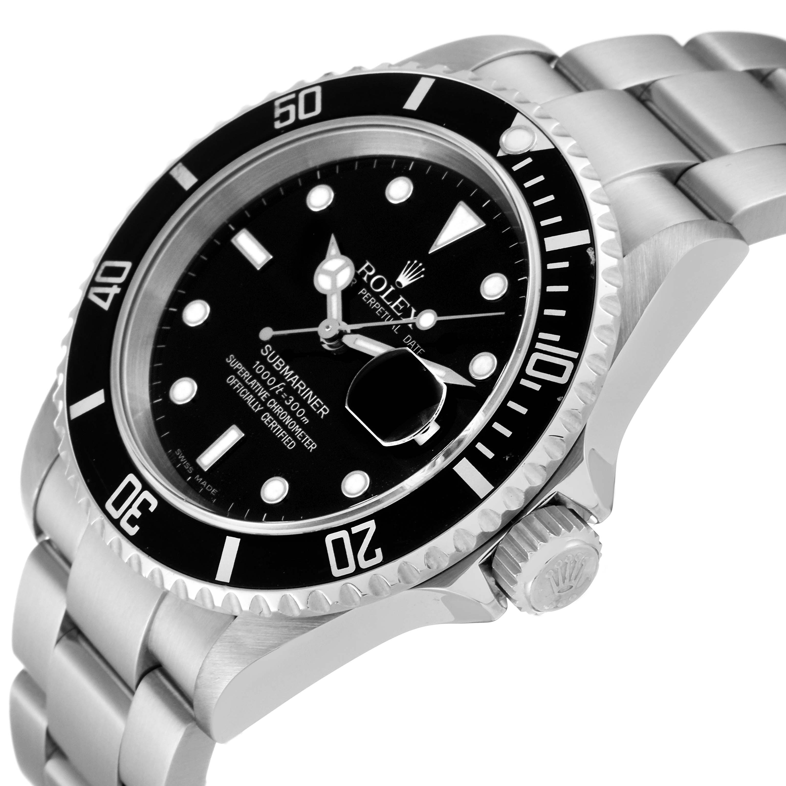 The image shows a side and angled view of the Rolex Submariner 16610 Men
s Stainless Steel Black Dial 16610 Men
s Stainless Steel Black Dial, highlighting its bezel, dial, crown, and part of the bracelet.