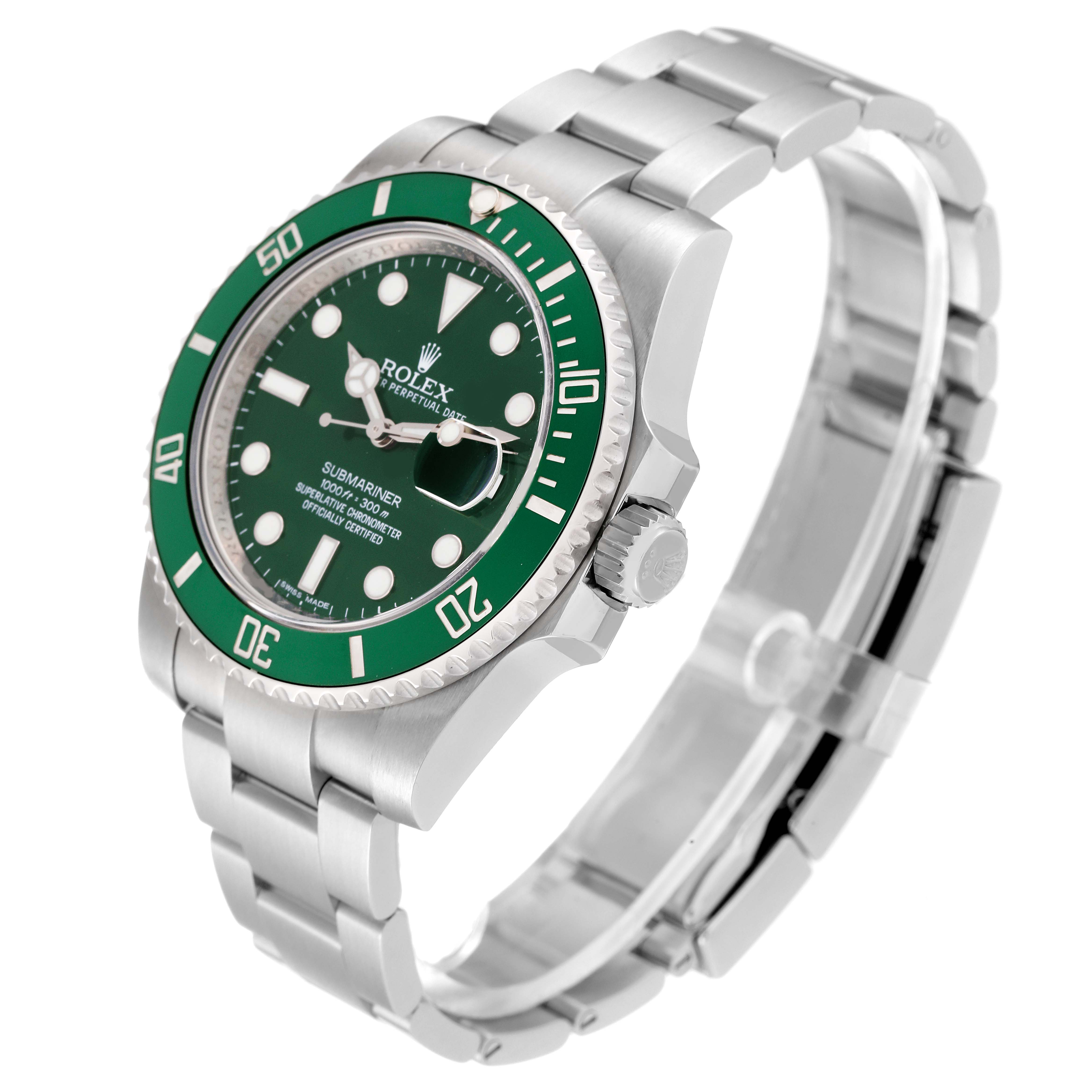 This image shows a Rolex Submariner 116610LV Men's Stainless Steel Green Dial 116610LV Men's Stainless Steel Green Dial watch with a green bezel, viewed at a three-quarter angle, showcasing its face, bezel, case, crown, and bracelet.