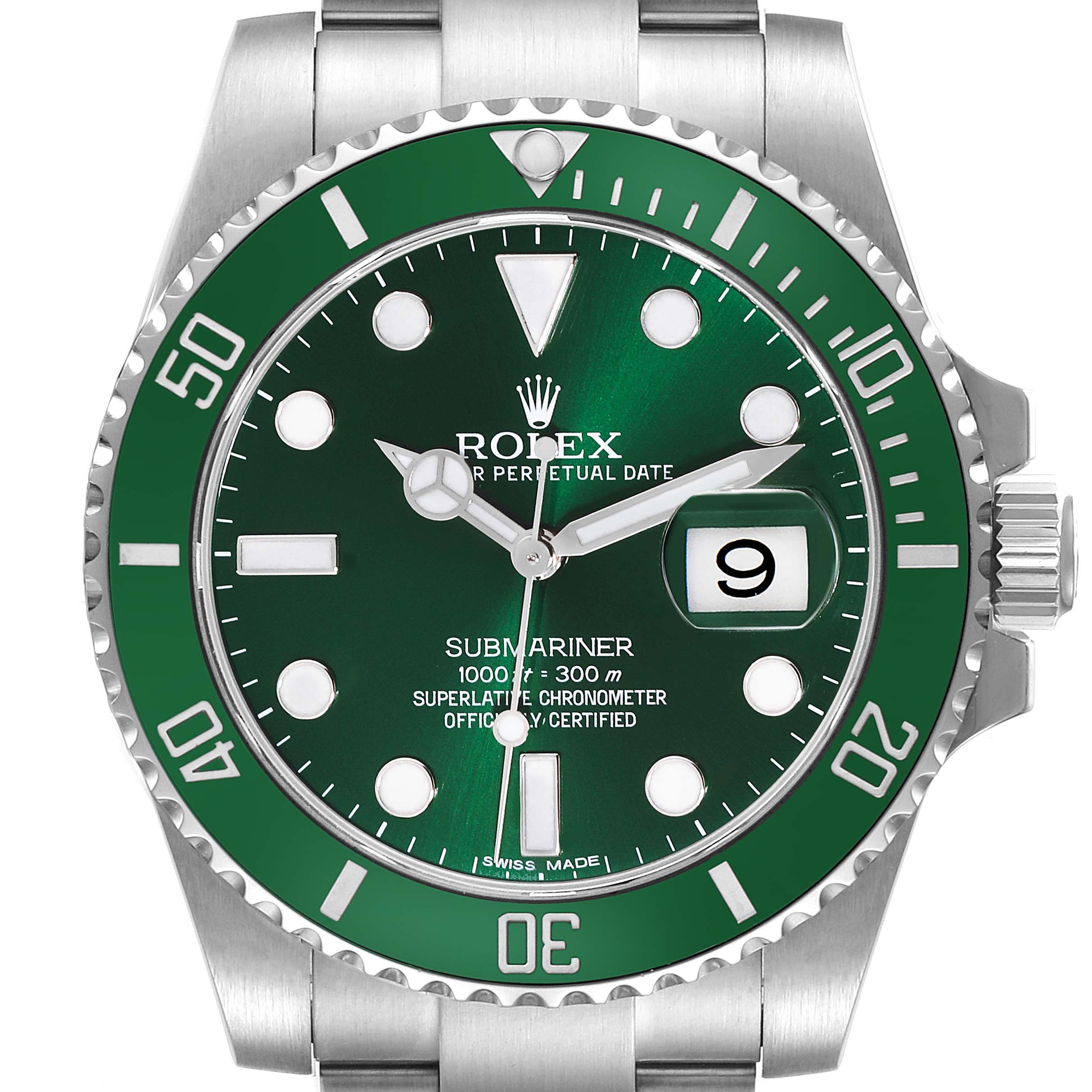The image shows a front view of a Rolex Submariner 116610LV Men's Stainless Steel Green Dial 116610LV Men's Stainless Steel Green Dial, highlighting the green dial, green bezel, and date display.