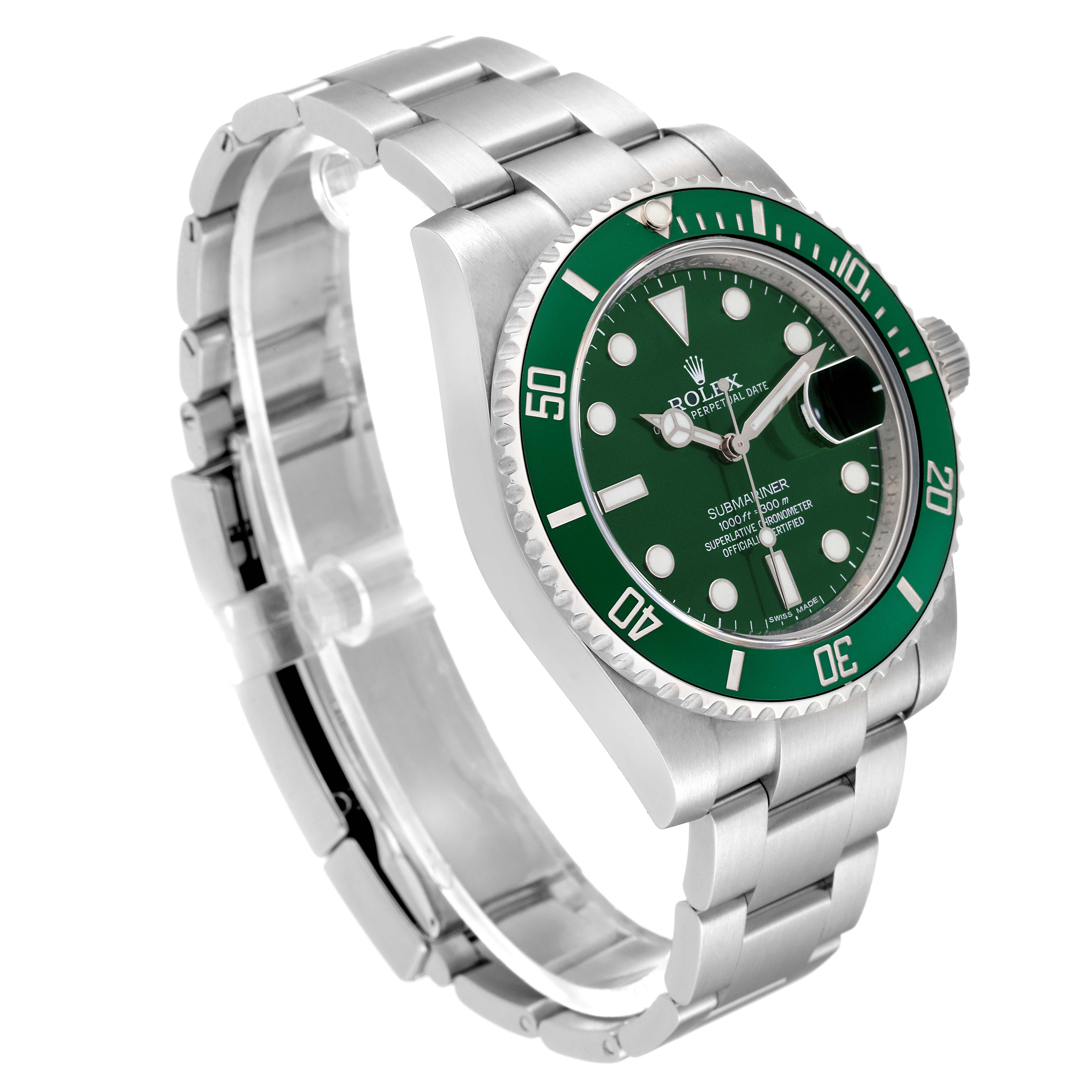 The image shows a side-angle view of a Rolex Submariner 116610LV Men's Stainless Steel Green Dial 116610LV Men's Stainless Steel Green Dial watch, highlighting the green dial, bezel, and metal band.
