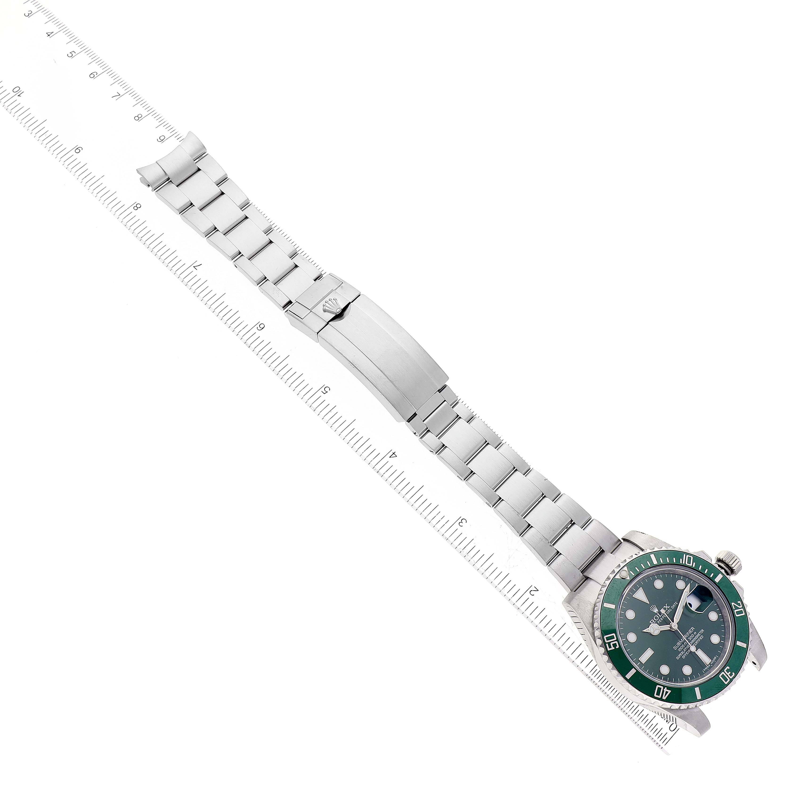 The image shows the Rolex Submariner 116610LV Men's Stainless Steel Green Dial 116610LV Men's Stainless Steel Green Dial watch in a top-down angle, featuring the face, bezel, and full bracelet.