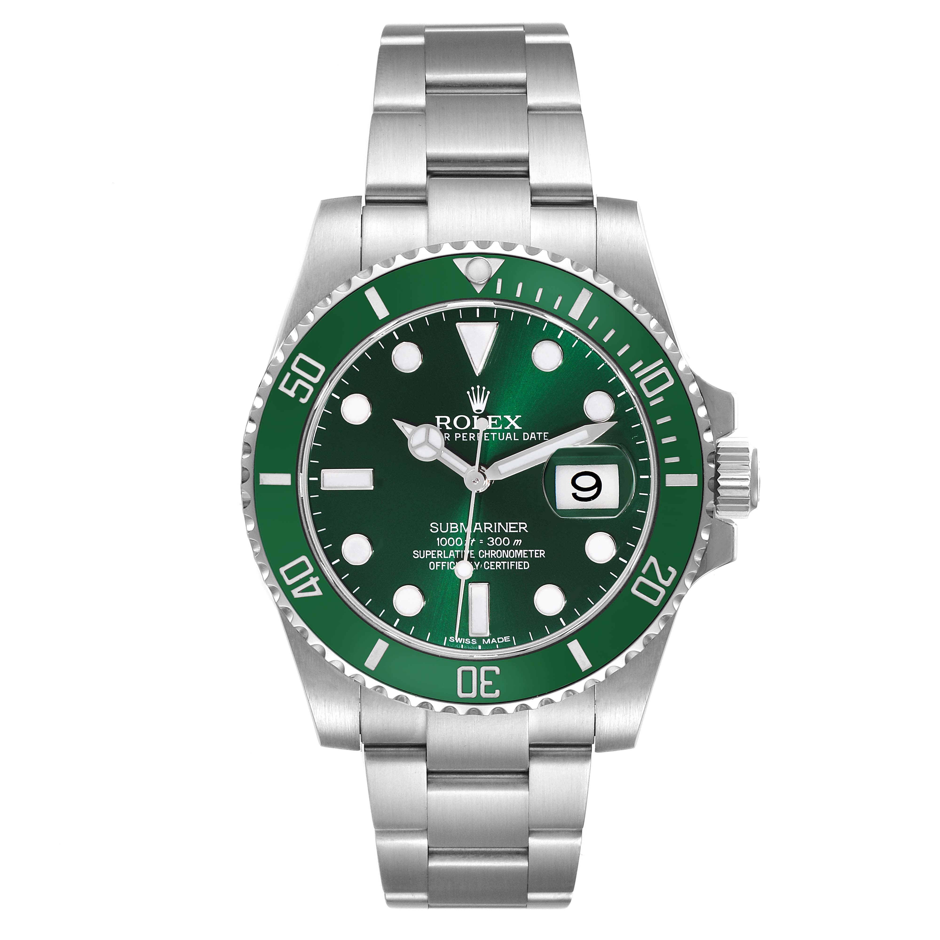 The Rolex Submariner 116610LV Men's Stainless Steel Green Dial 116610LV Men's Stainless Steel Green Dial watch is shown from a front angle, displaying its green dial, bezel, and metal bracelet.