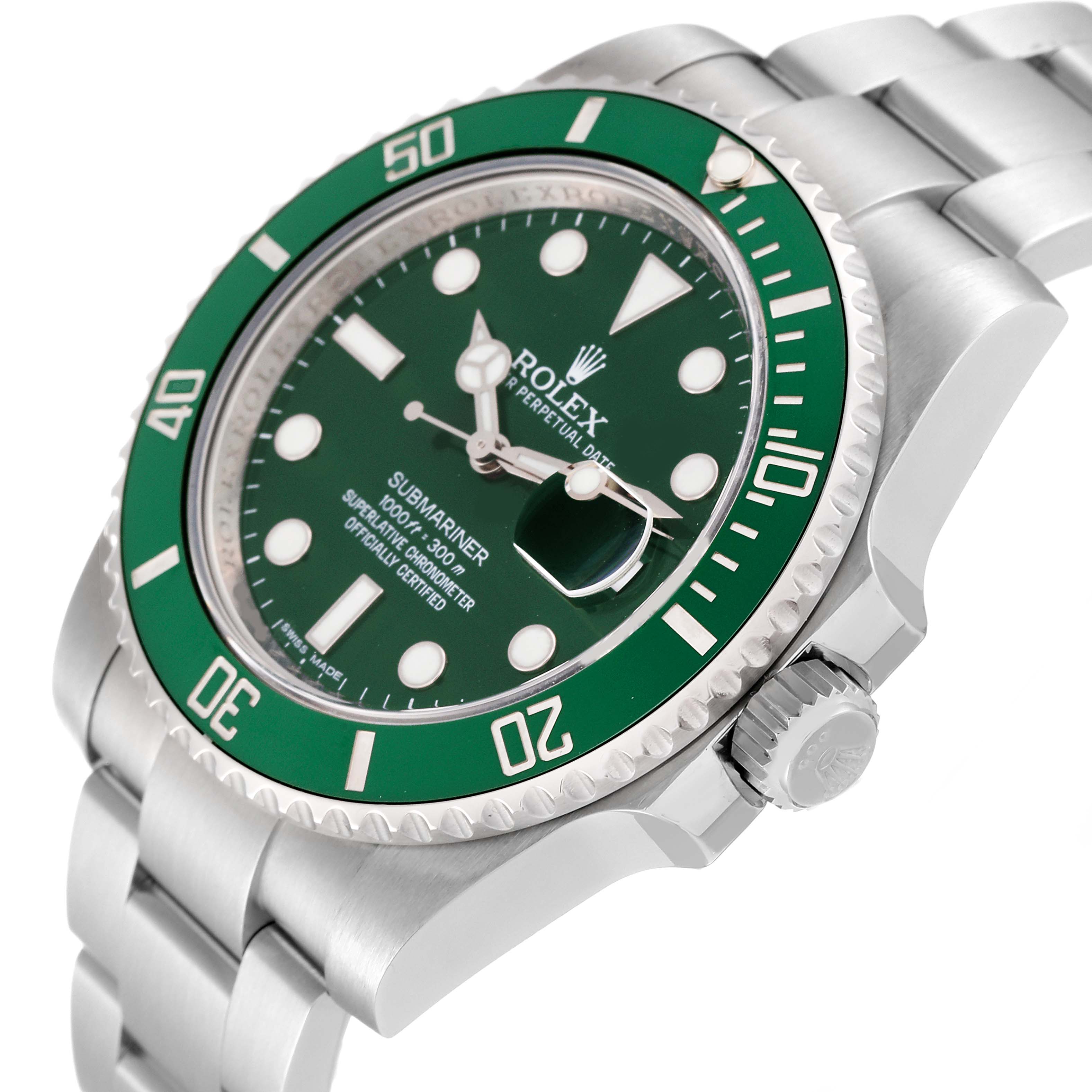 This Rolex Submariner 116610LV Men's Stainless Steel Green Dial 116610LV Men's Stainless Steel Green Dial watch is displayed at a slight angle, highlighting the green face, bezel, crown, and strap.