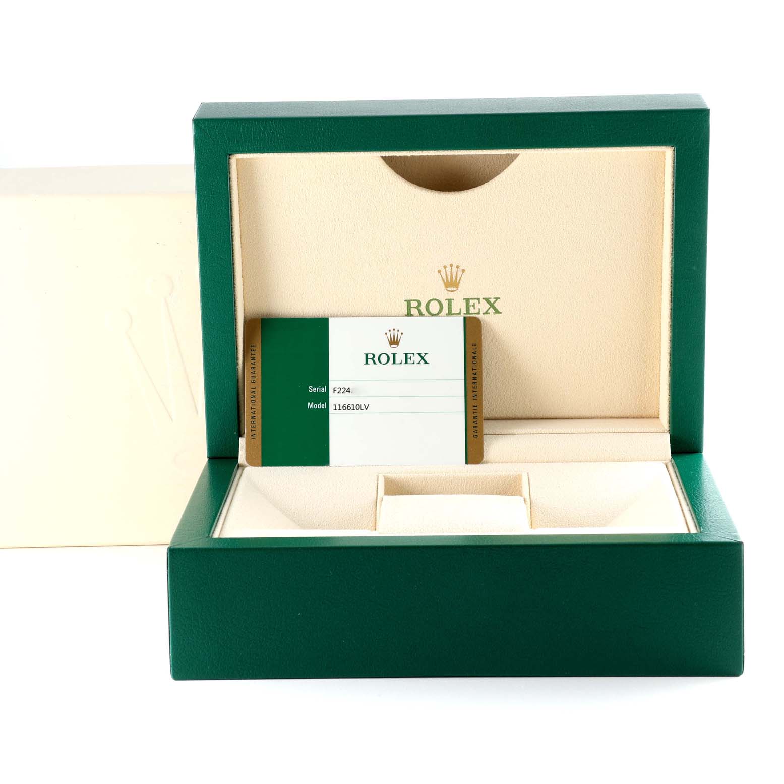 This is a Rolex Submariner 116610LV Men's Stainless Steel Green Dial 116610LV Men's Stainless Steel Green Dial watch box, open to show the card holder with model details visible.