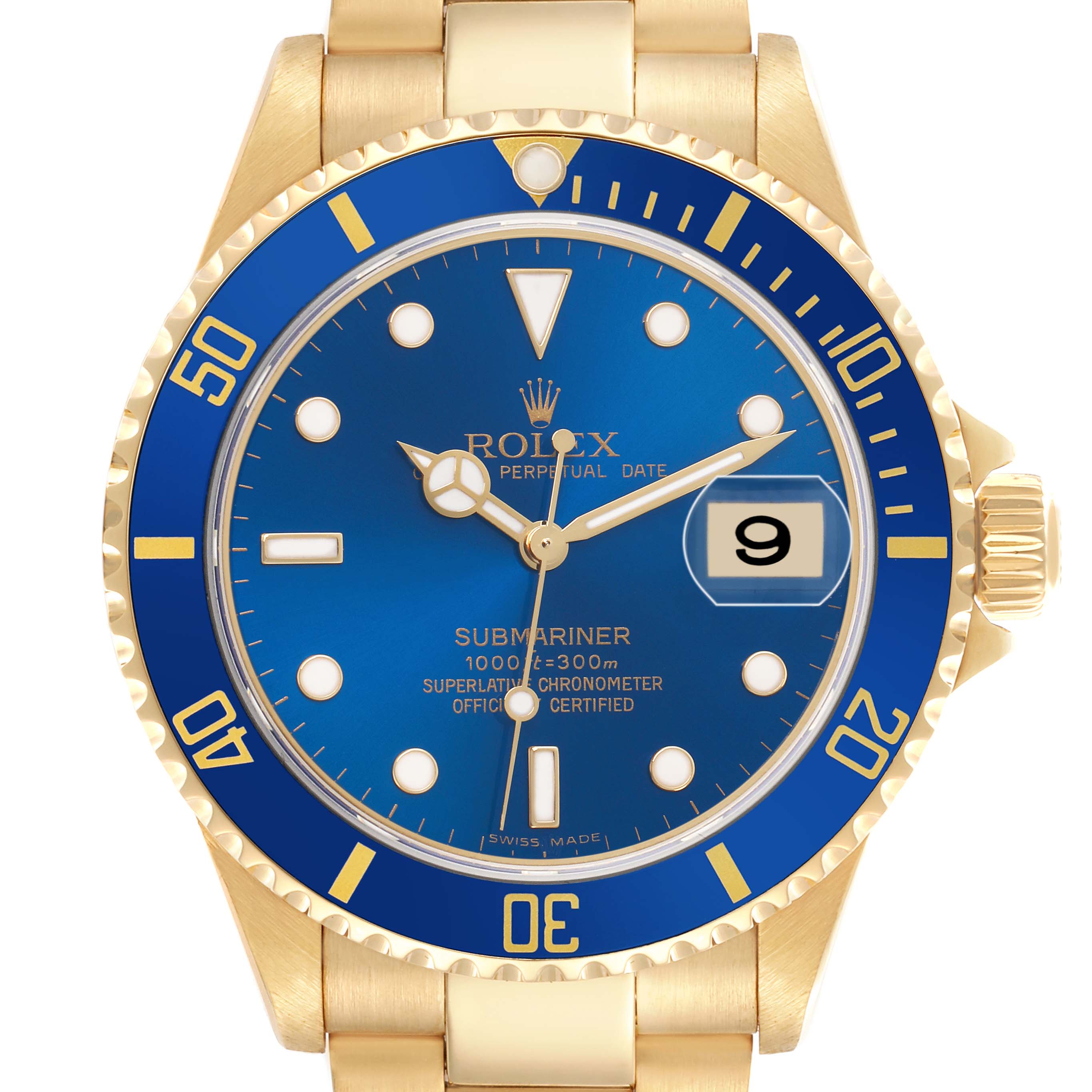 The Rolex Submariner 16618 Men's Yellow Gold Blue Dial watch is shown from a front angle, displaying its blue dial, date window, and gold bracelet.