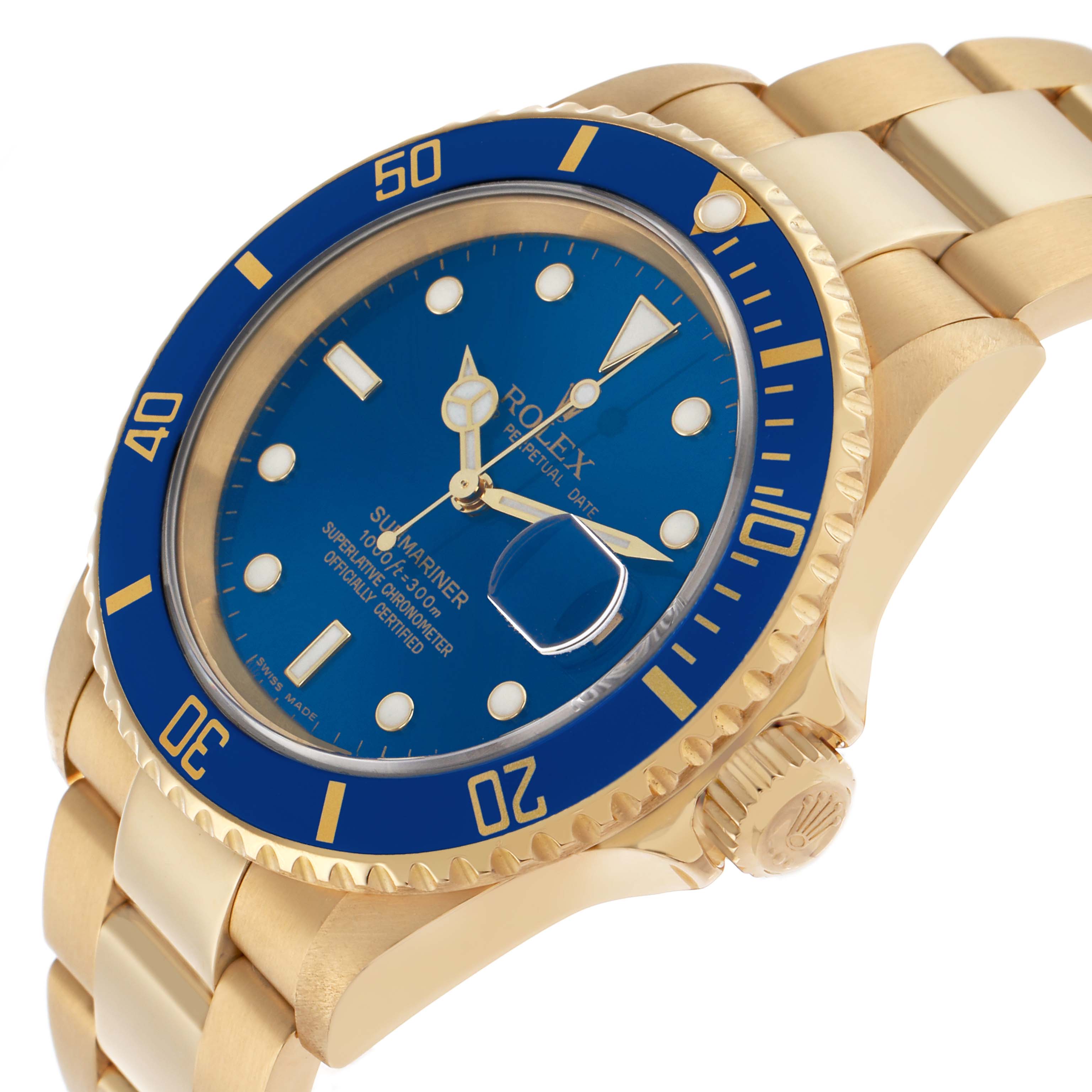The Rolex Submariner 16618 Men's Yellow Gold Blue Dial is shown at an angled view, displaying the face, blue bezel, crown, and part of the gold bracelet.