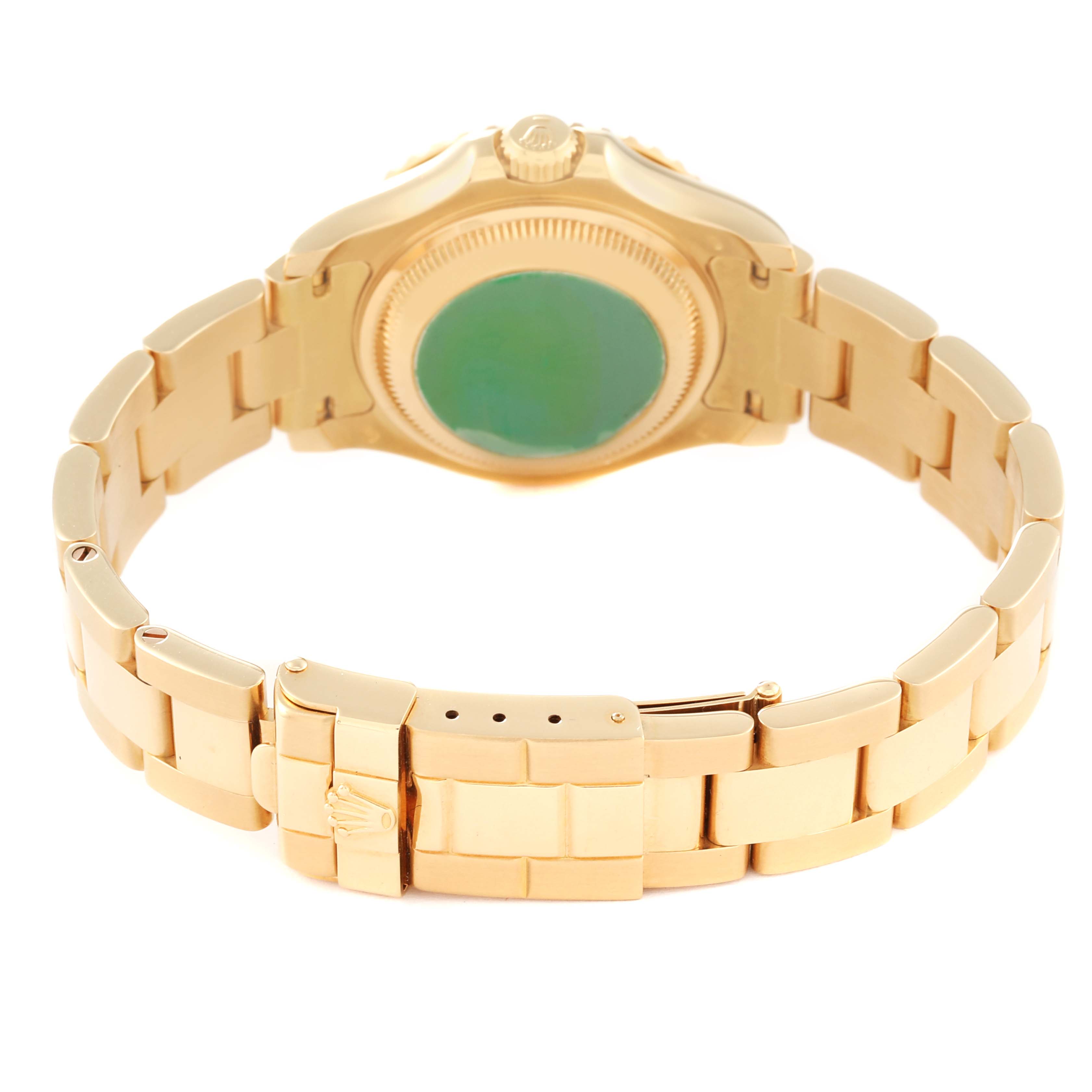 This image shows the back view of a Rolex Yacht-Master 69628 Women's Yellow Gold White Dial 69628 Women's Yellow Gold White Dial watch, highlighting the bracelet and clasp.