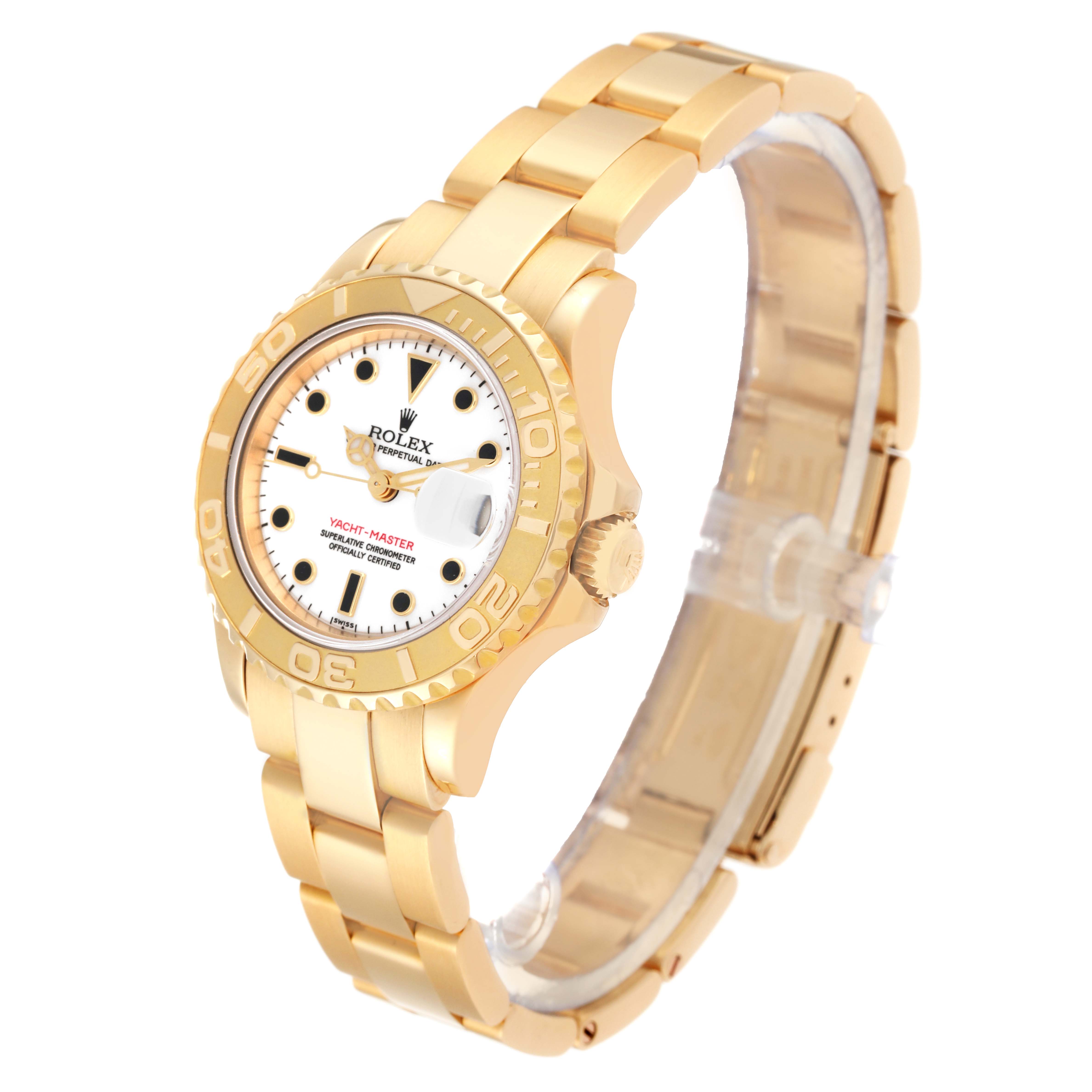 The image shows a side-angle view of a Rolex Yacht-Master 69628 Women's Yellow Gold White Dial 69628 Women's Yellow Gold White Dial watch, displaying the gold bracelet, bezel, dial, and crown.
