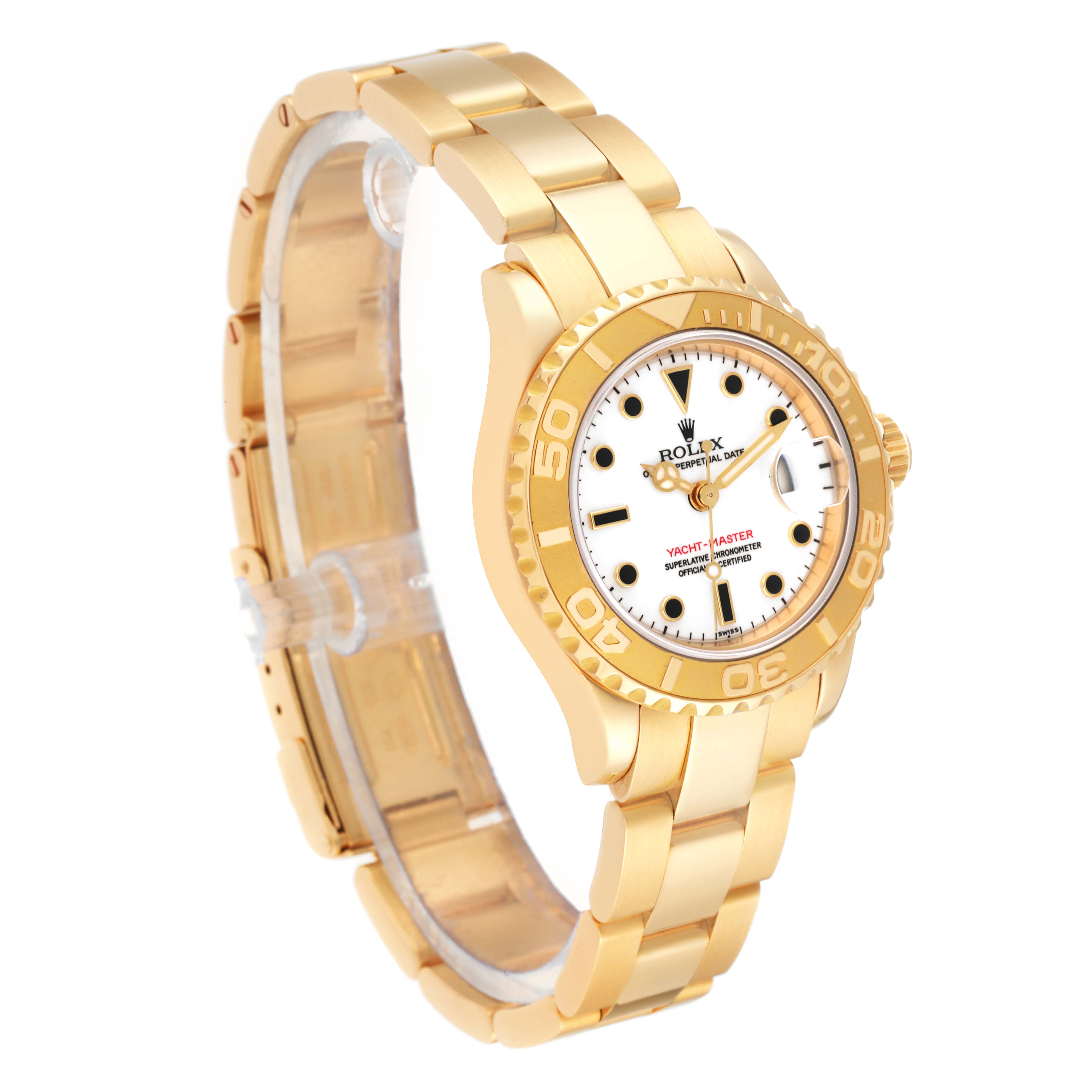 The image shows a gold Rolex Yacht-Master 69628 Women's Yellow Gold White Dial 69628 Women's Yellow Gold White Dial watch at an angled view, displaying its face, bezel, and bracelet.