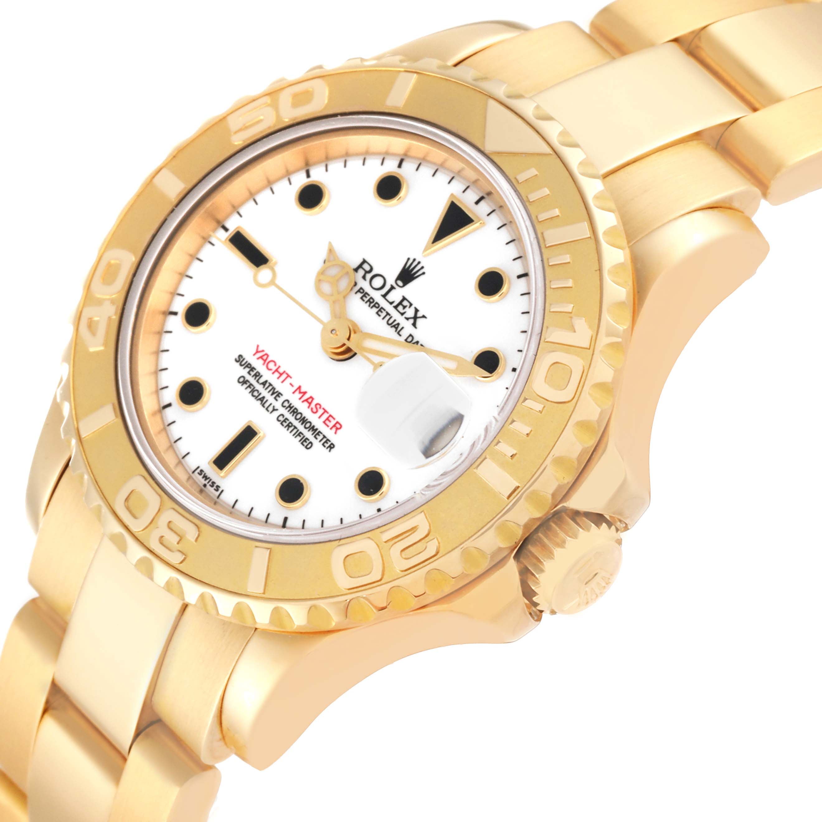 The image shows a Rolex Yacht-Master 69628 Women's Yellow Gold White Dial 69628 Women's Yellow Gold White Dial watch in a close-up side angle, highlighting the bezel, dial, crown, and part of the bracelet.