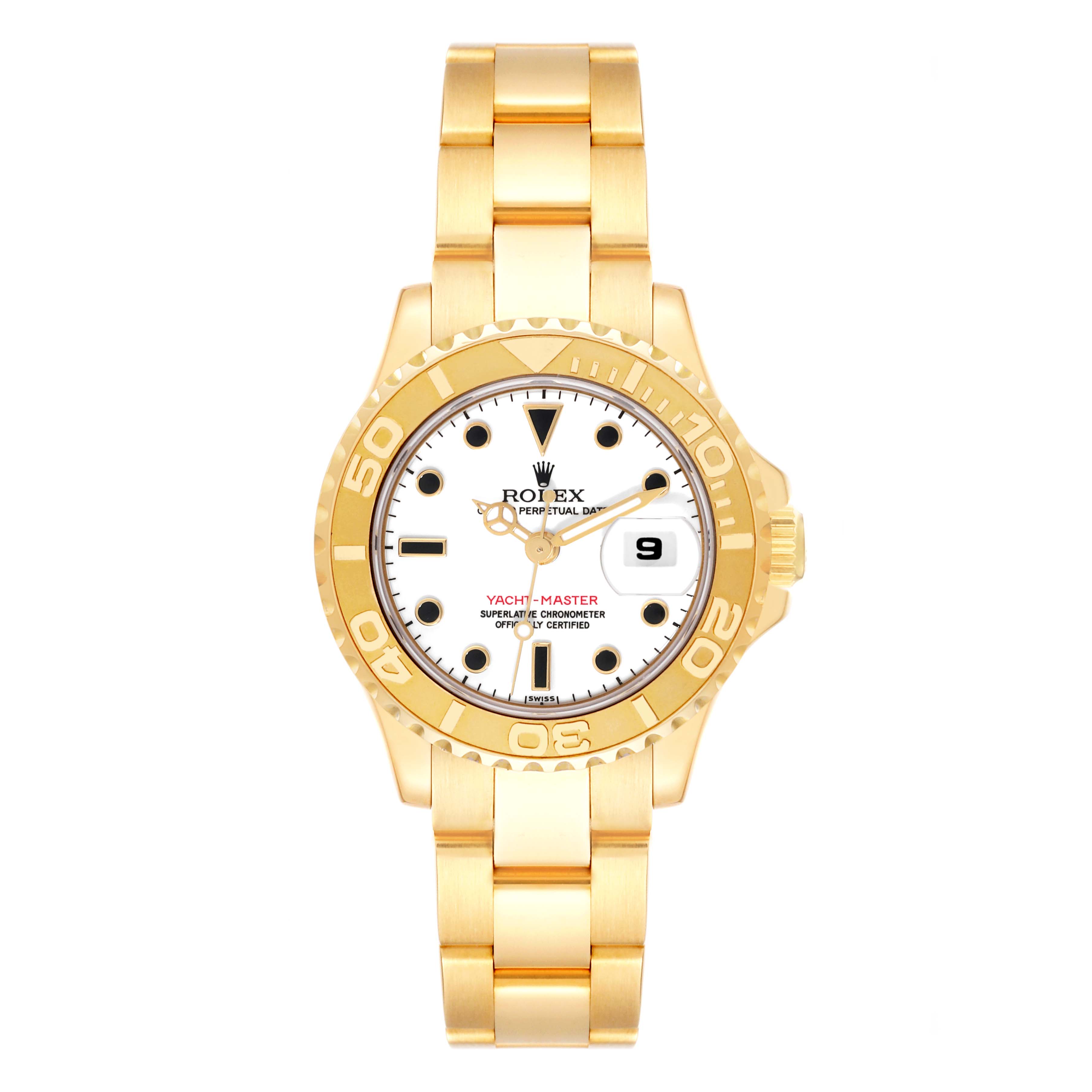 The Yacht-Master by Rolex is shown from a front angle, displaying its face, bezel, and bracelet.